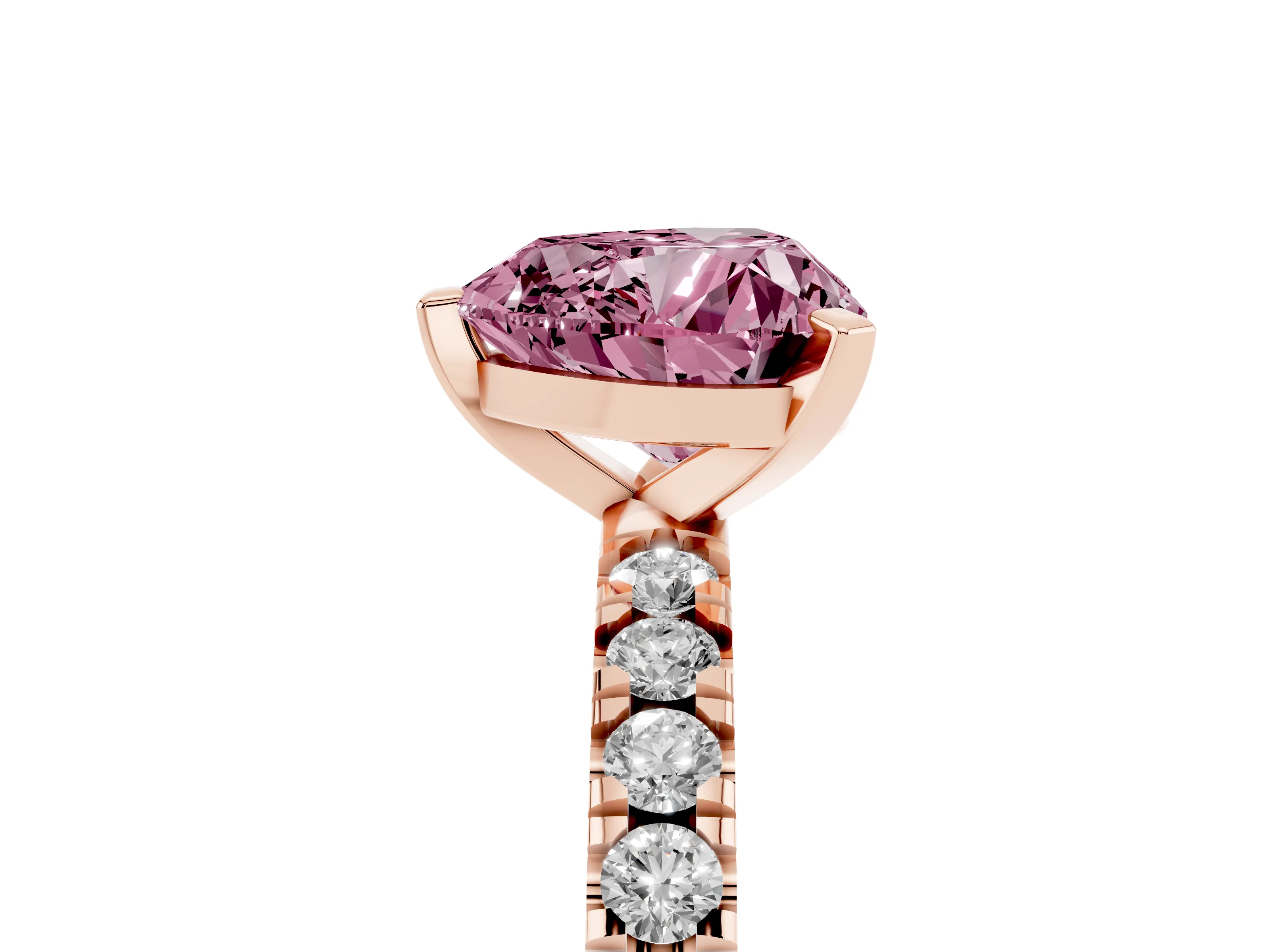 Fancy Pink Heart Cut Diamond Pavé Band Solitaire Set in Rose gold with Prong Setting