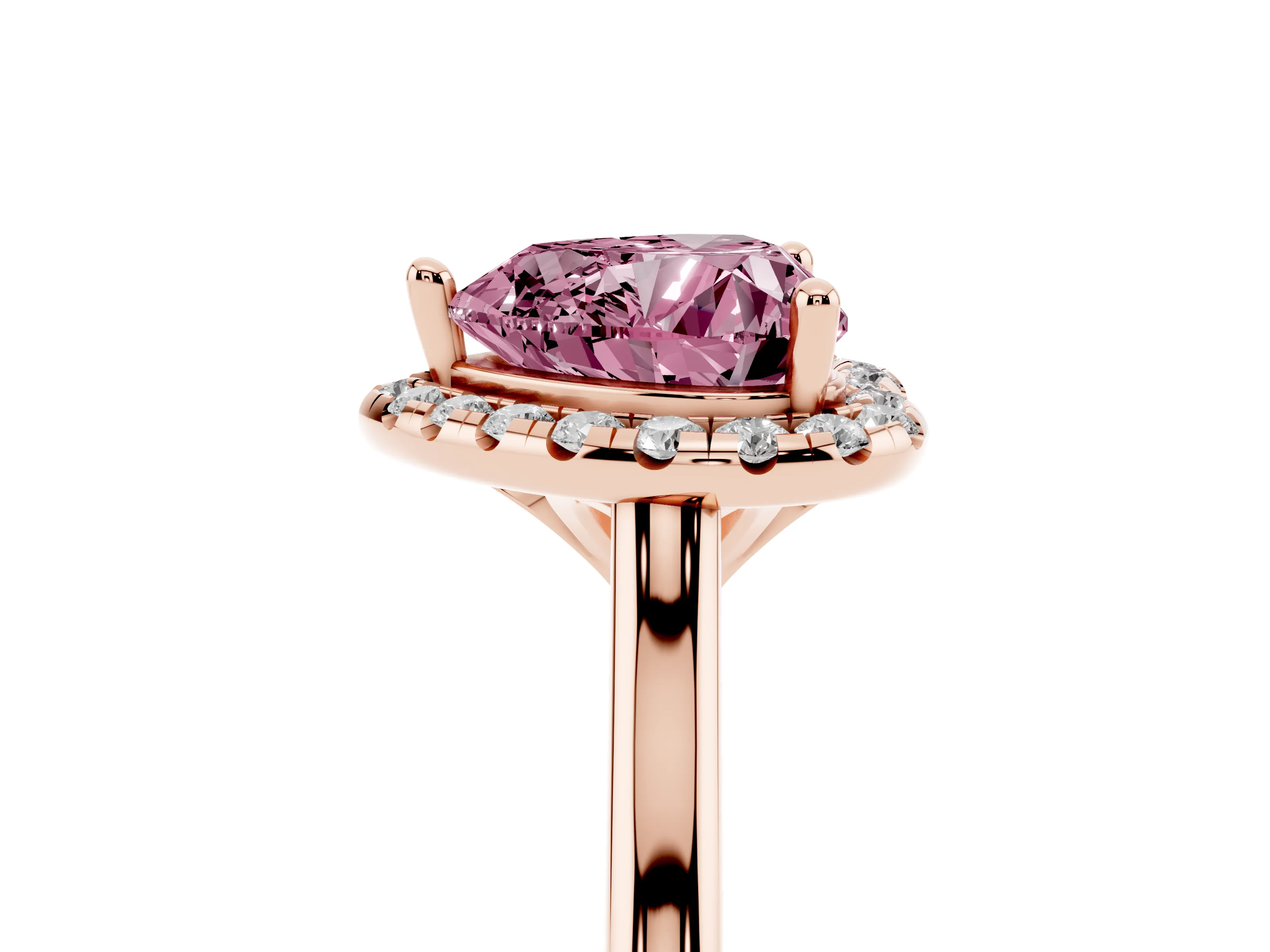 Fancy Pink Heart Cut Diamond Halo Engagement Ring Set in Rose gold with Pavé Band and Rising Shoulders