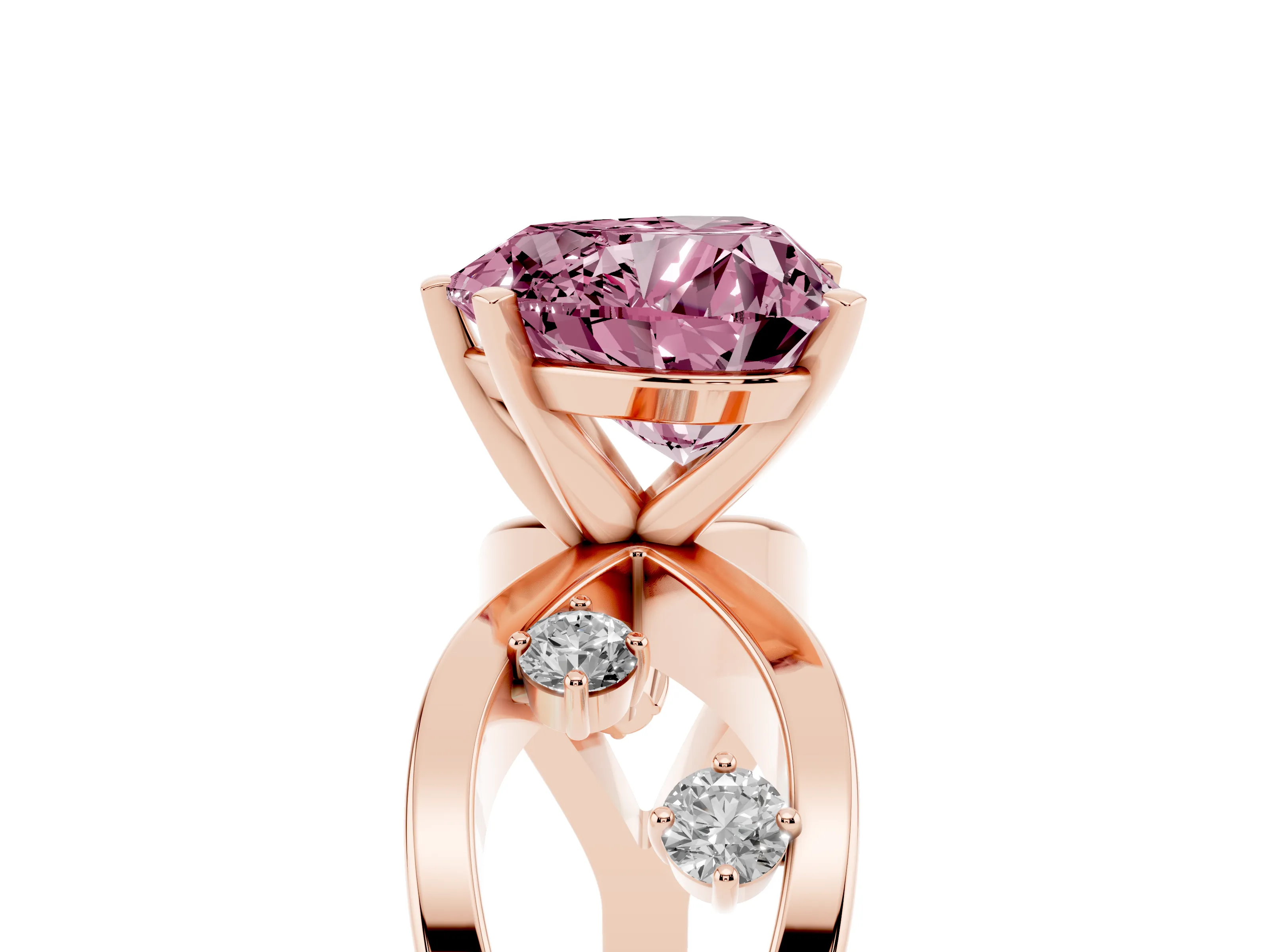 Fancy Pink Heart Cut Diamond Solitaire Ring Set in Rose gold with Side Stones on Criss-Cross Band and Prong Setting
