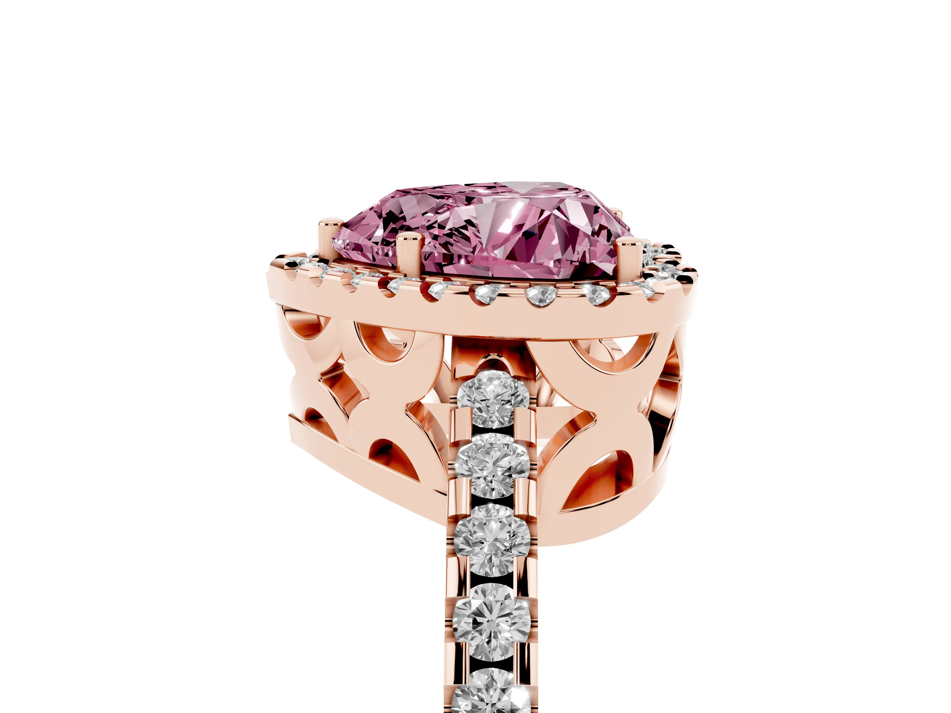 Fancy Pink Heart Cut Diamond Halo Ring Set in Rose gold with Pavé Shoulders and Halo-Framed Center