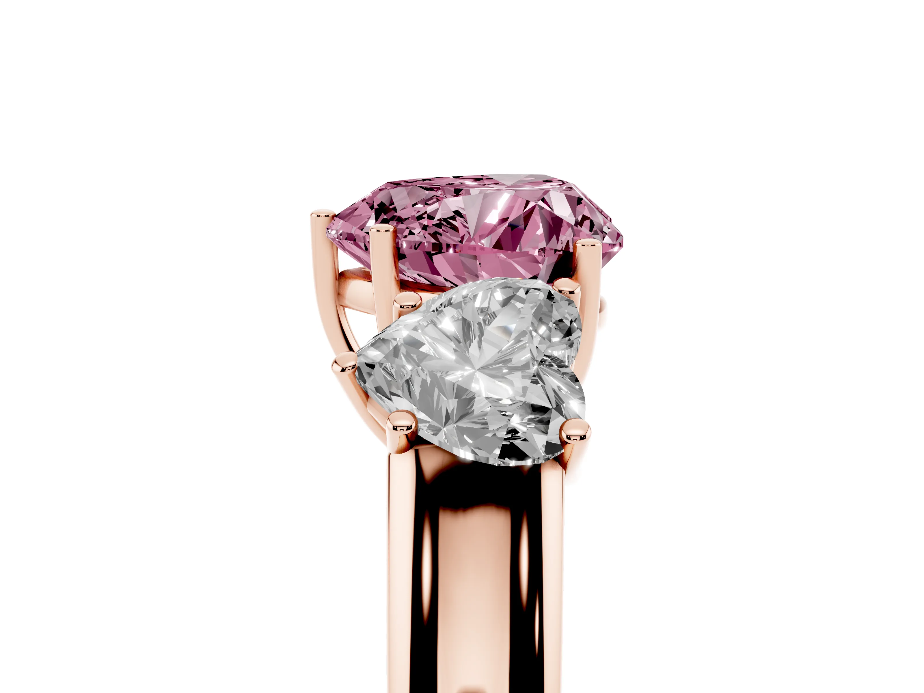 Fancy Pink Three-Stone Heart Cut Diamond Ring Set in Rose gold with Matching Prong Settings and Plain Band