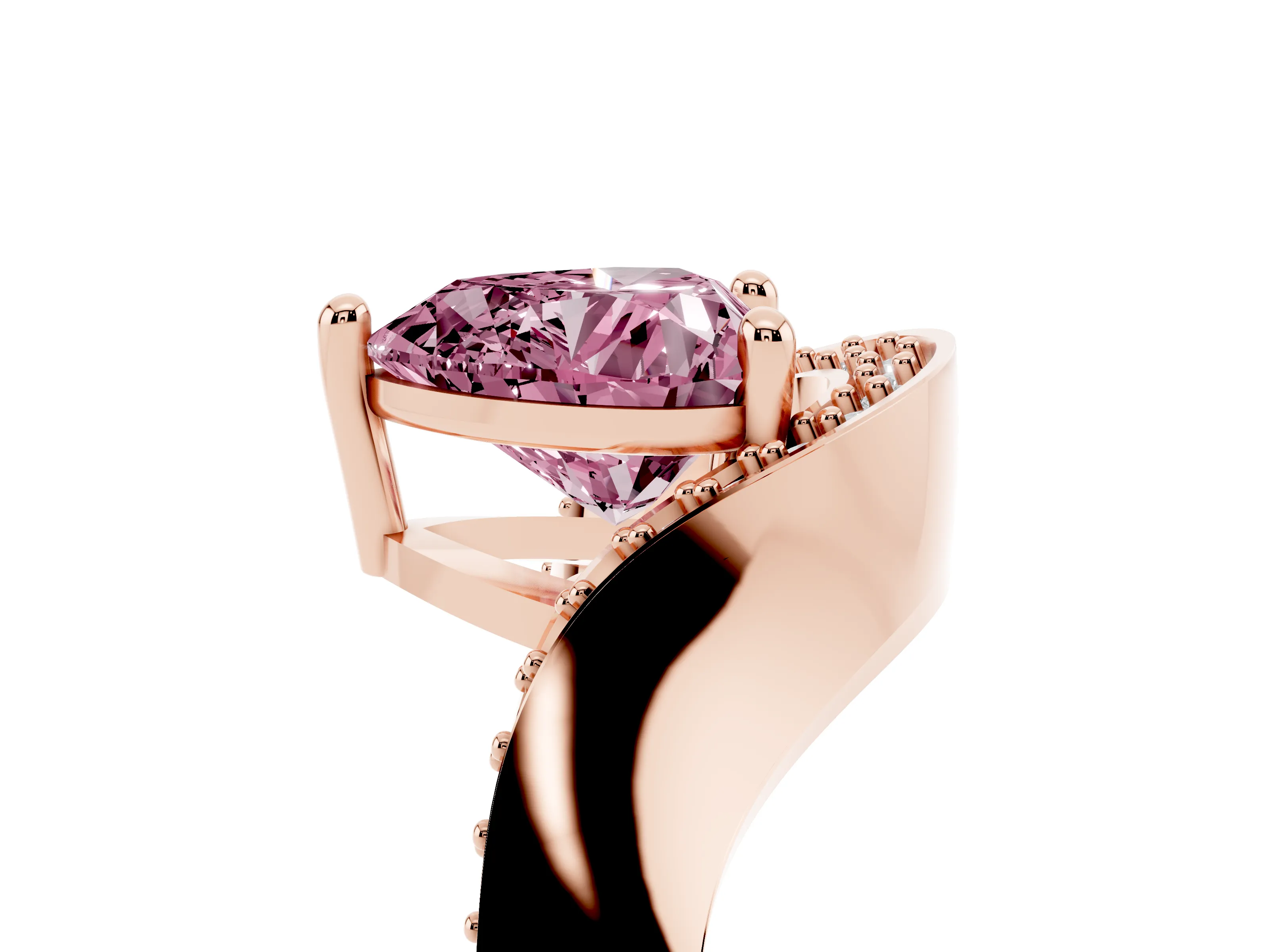 Fancy Pink Heart Cut Diamond Solitaire Engagement Ring Set in Rose gold with Pavé Shoulders