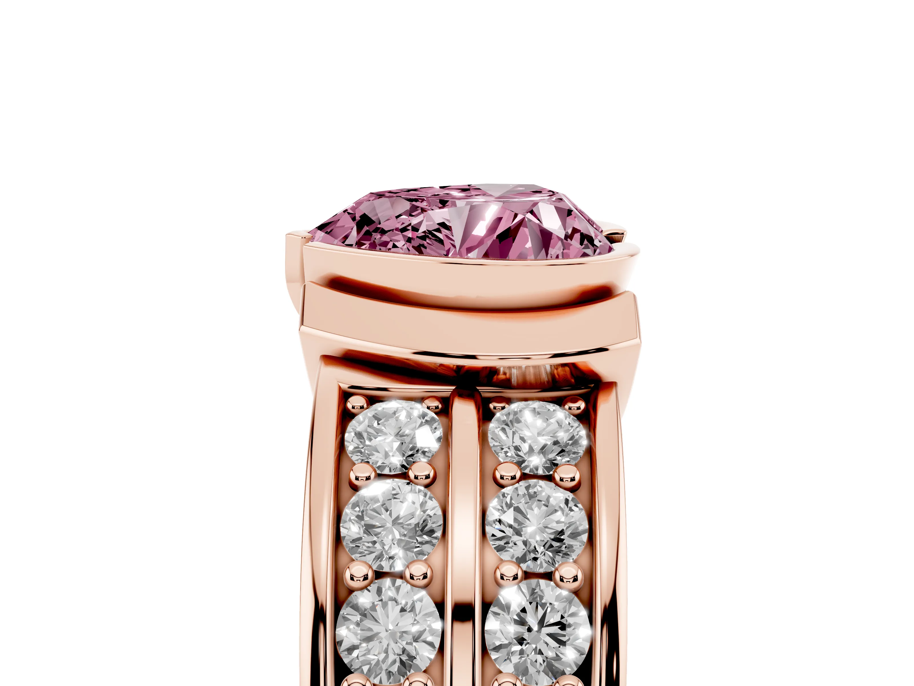Fancy Pink Heart Cut Diamond Wide Channel Set Band Ring Set in Rose gold with Bezel Setting