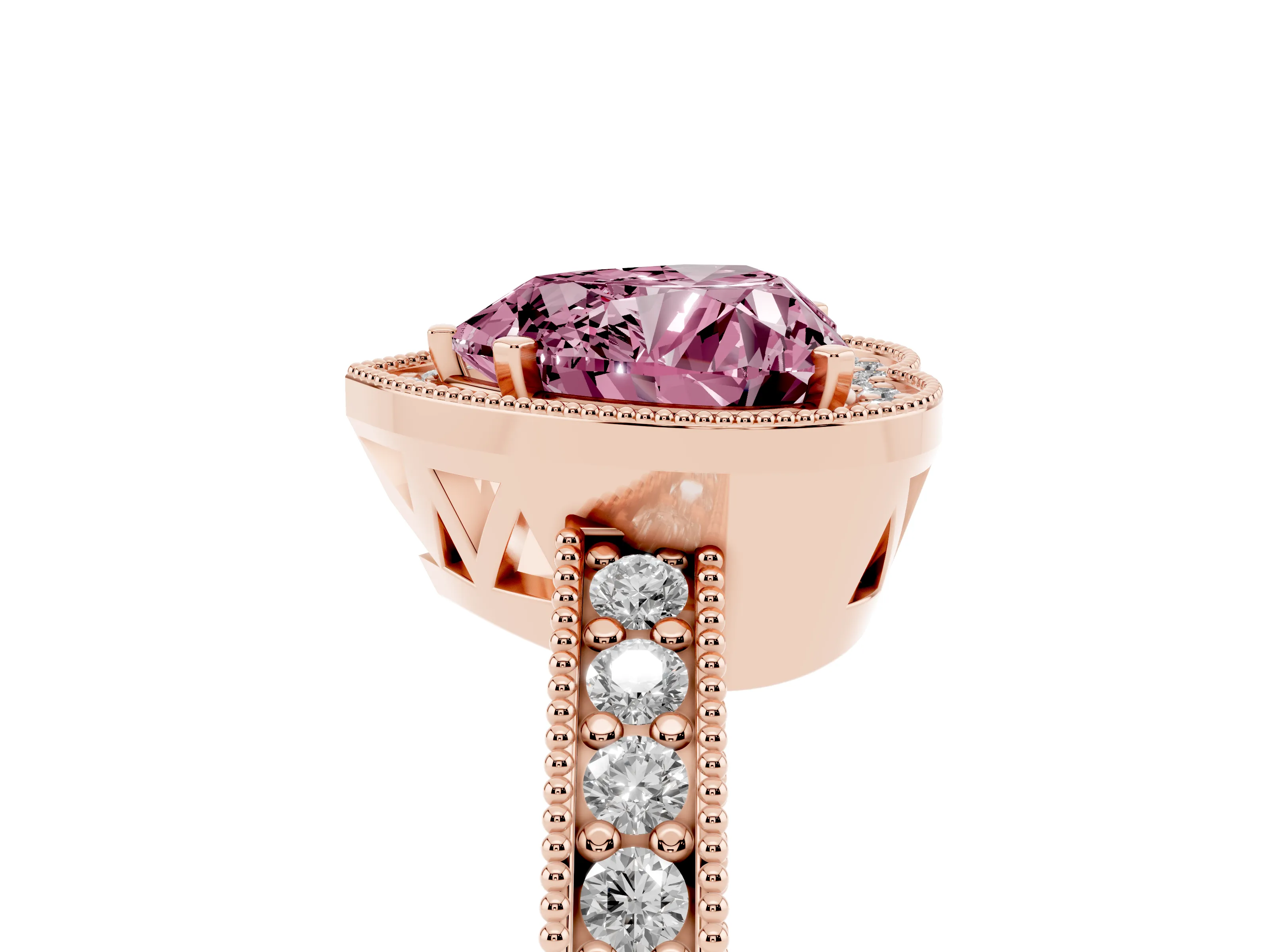 Fancy Pink Heart Cut Diamond Halo Pavé Band Ring Set in Rose gold with Prong-Set Center