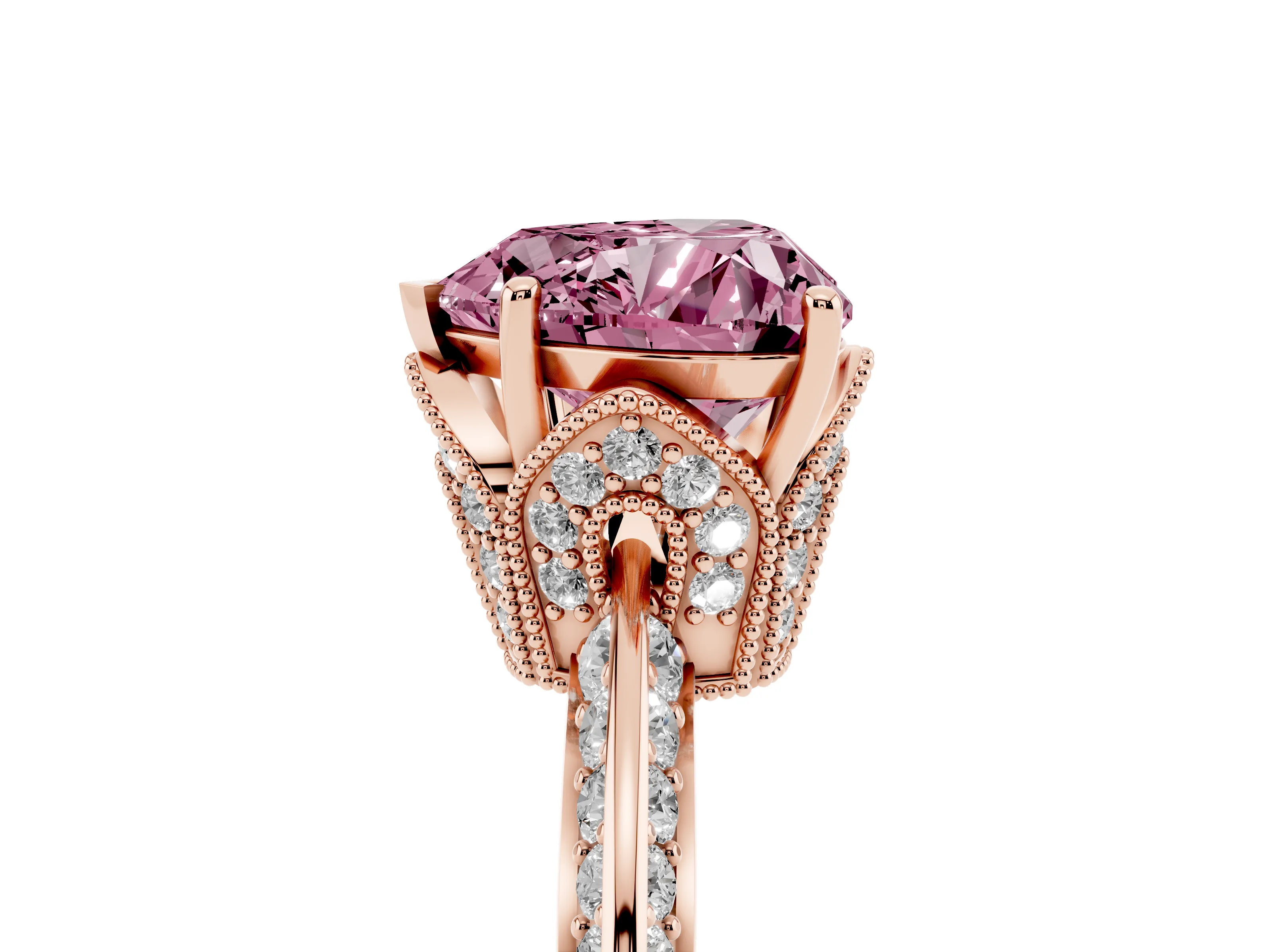Fancy Pink Heart Cut Diamond Solitaire Engagement Ring Set in Rose gold with Pavé Split Shank and Prong Setting