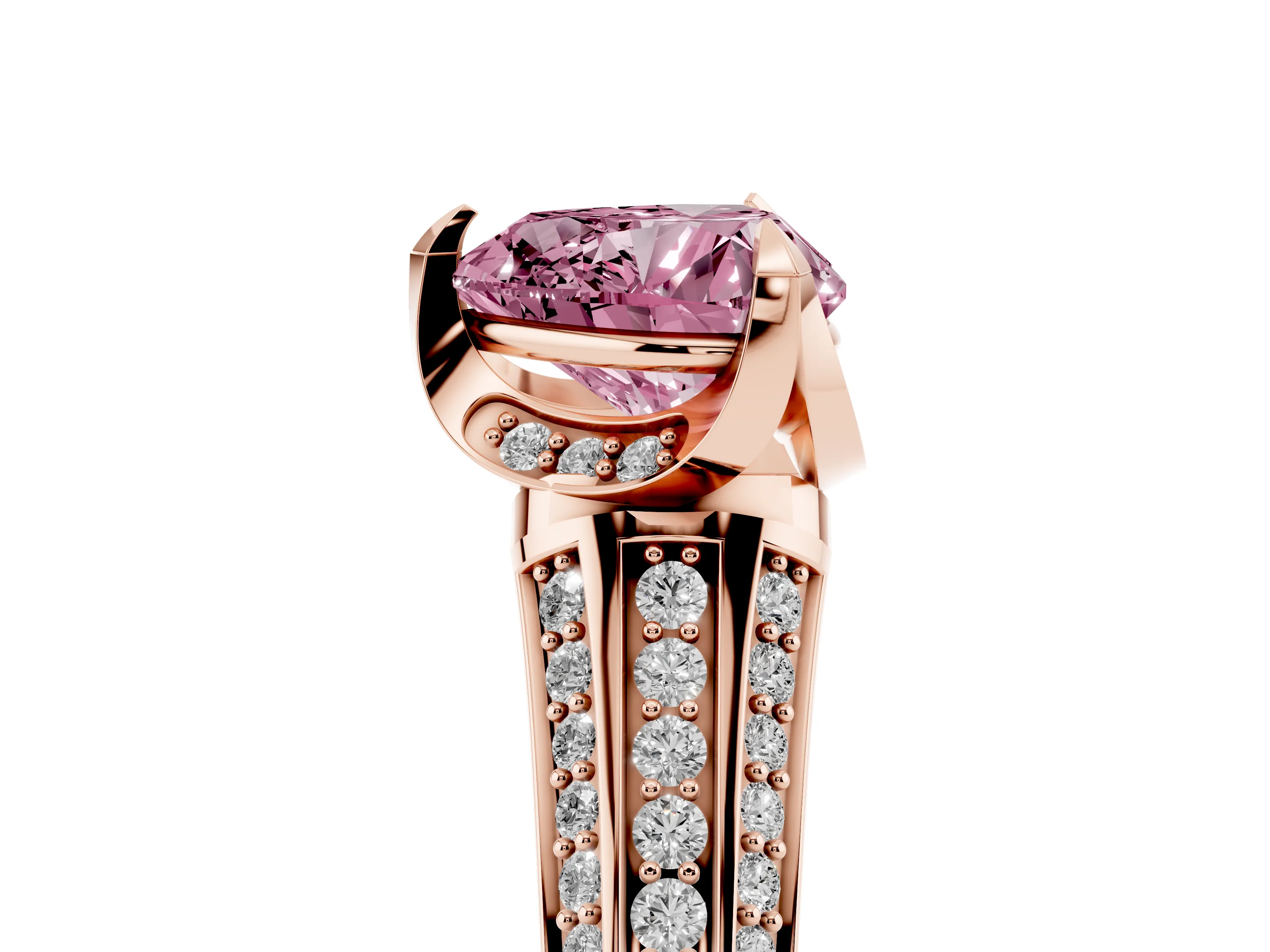 Fancy Pink Heart Cut Diamond Pavé Split Shank Solitaire Ring Set in Rose gold with Prong Setting