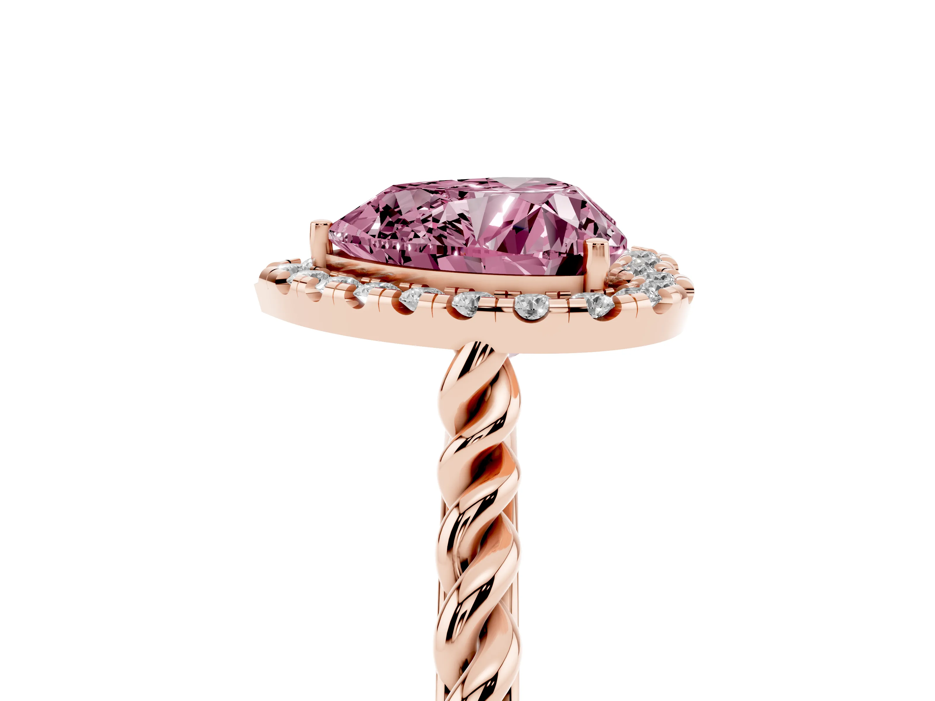 Fancy Pink Heart Cut Diamond Halo Ring Set in Rose gold with Plain Twisted Band