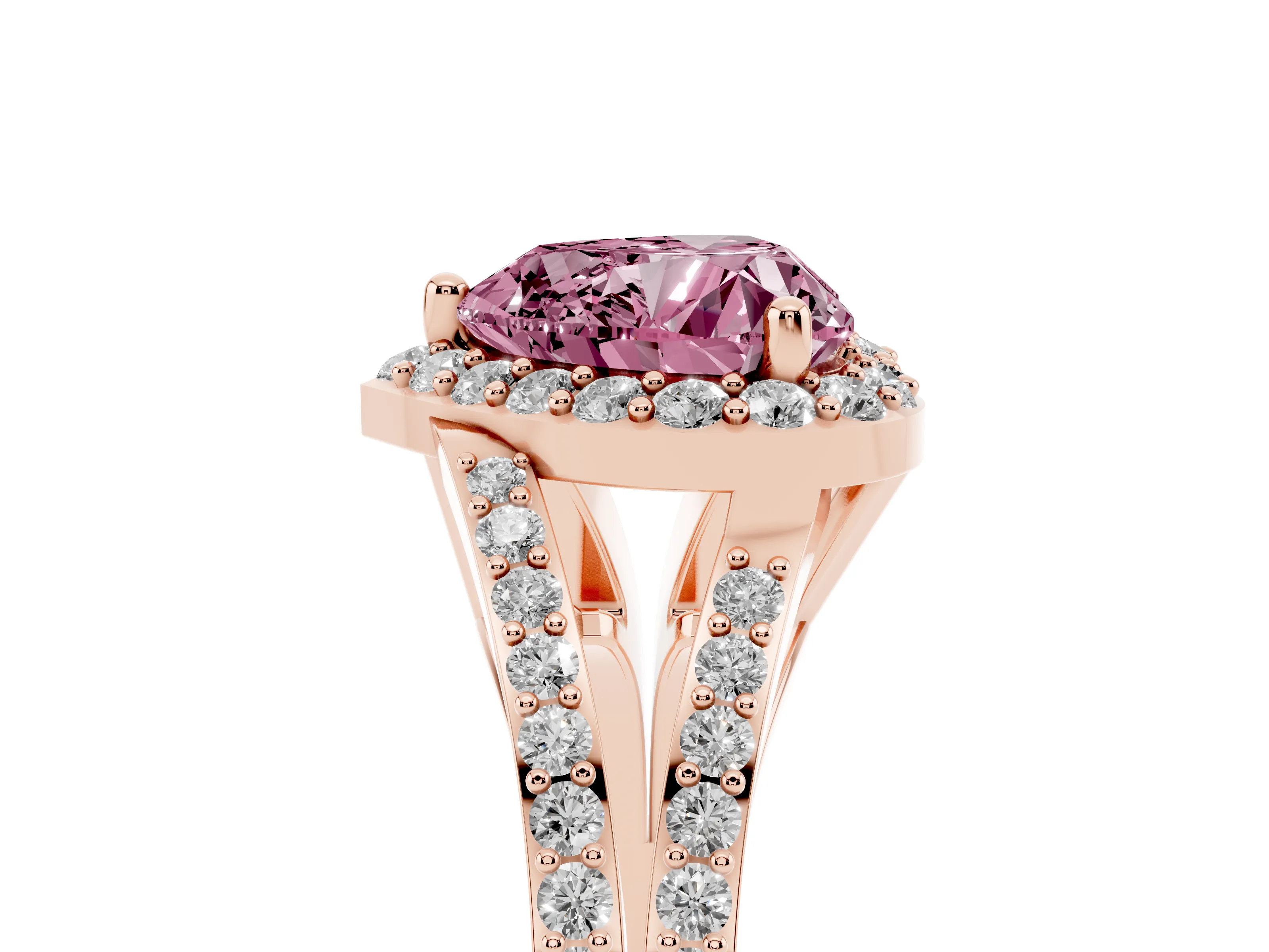 Fancy Pink Heart Cut Diamond Halo Split Shank Pavé Ring Set in Rose gold with Prong Setting