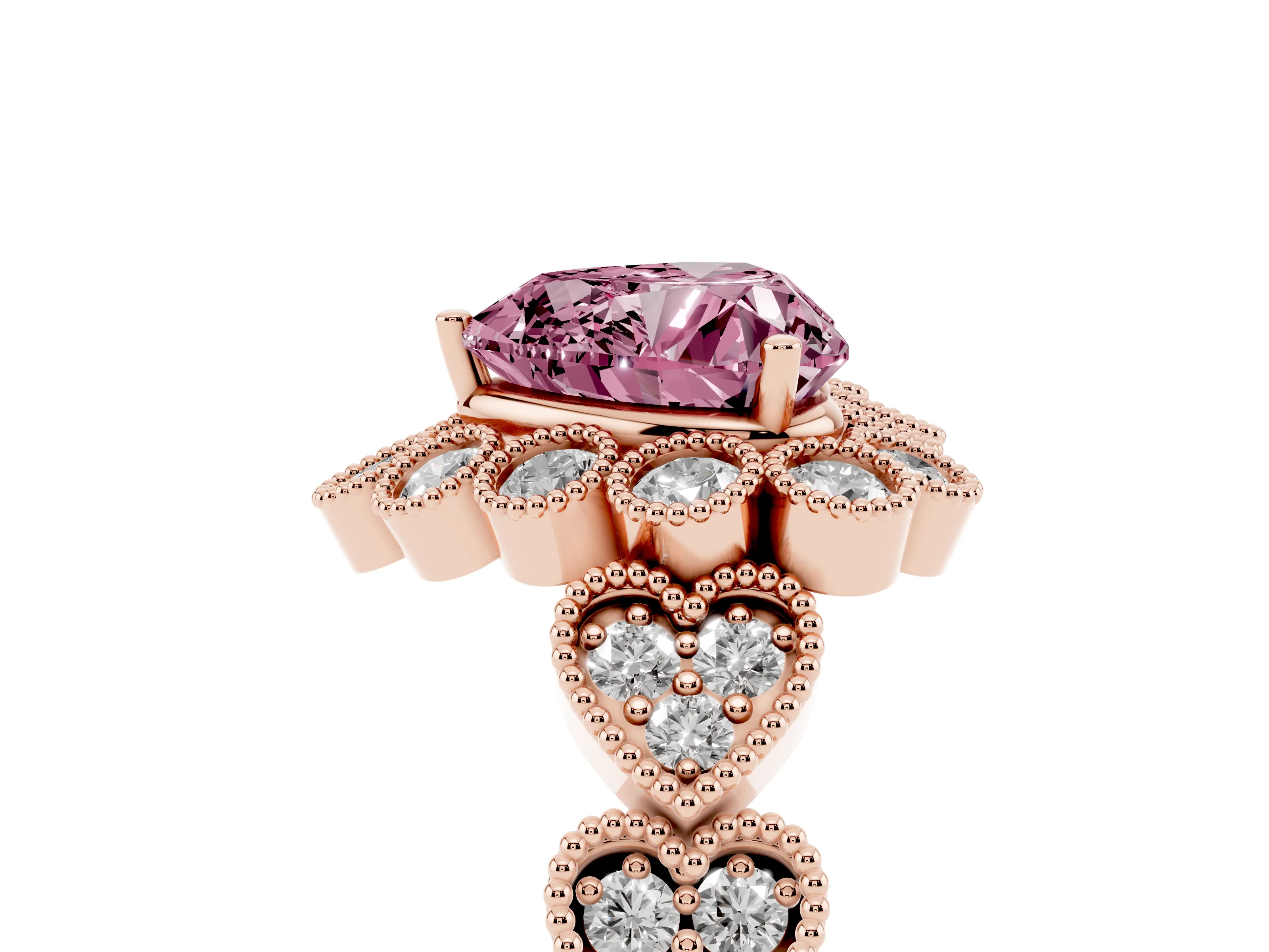 Fancy Pink Heart Cut Diamond Solitaire Ring Set in Rose gold with Milgrain Pavé Heart Band