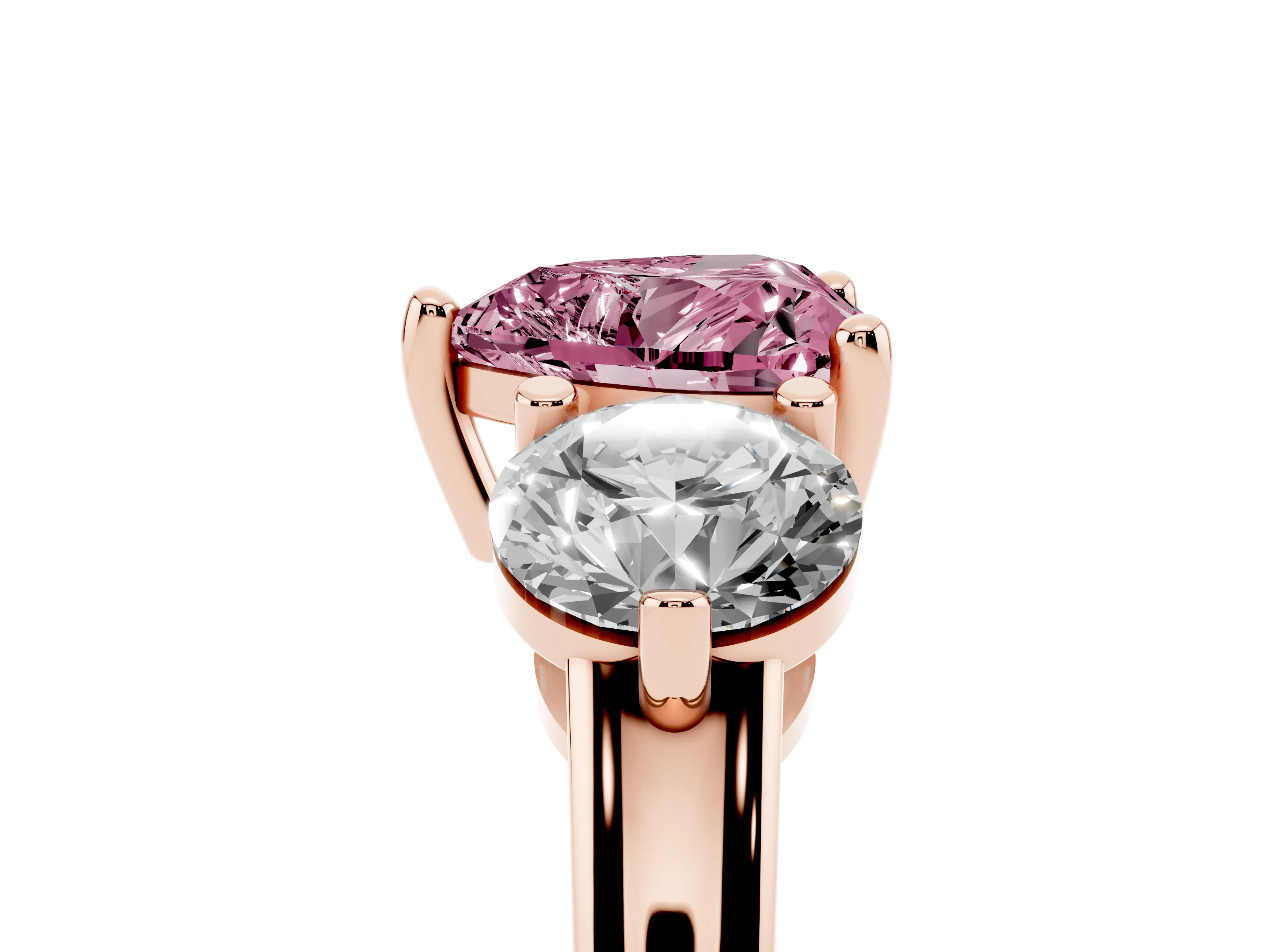 Fancy Pink Heart Cut Diamond Three-Stone Ring Set in Rose gold with Prong Setting and Classic Band