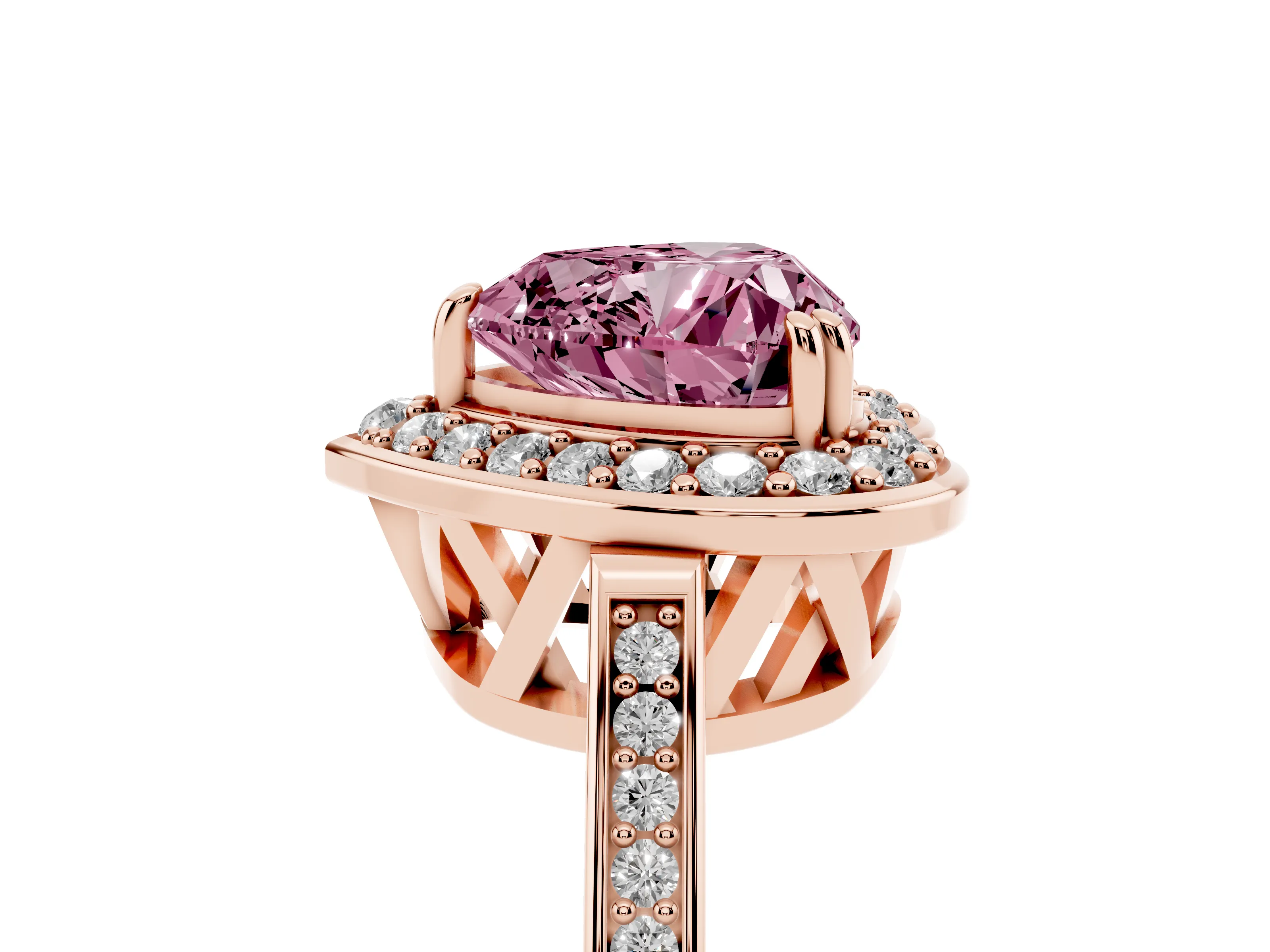 Fancy Pink Heart Cut Diamond Halo Ring Set in Rose gold with Accent-Lined Split Shank and Prong Setting