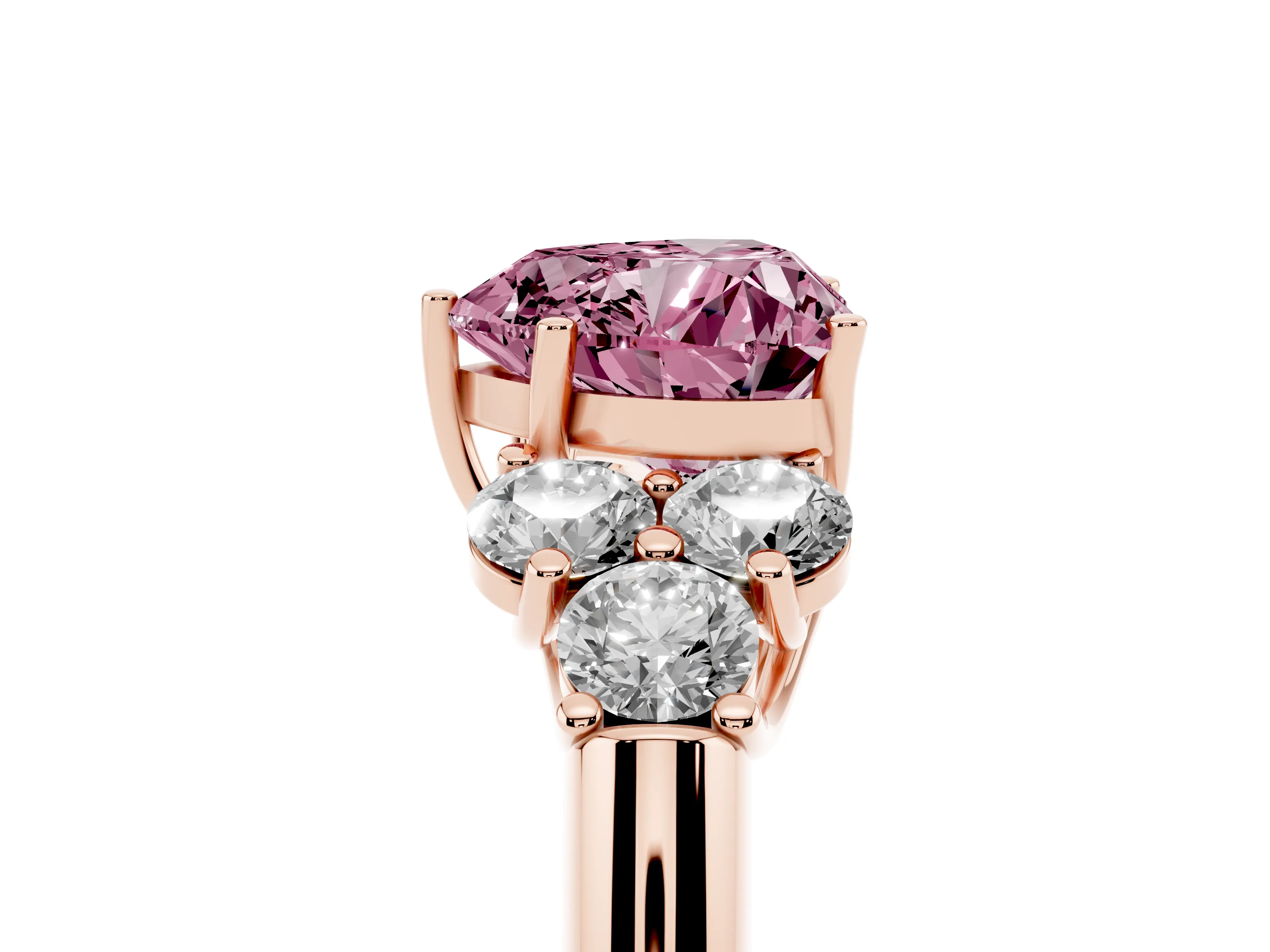 Fancy Pink Heart Cut Diamond Cluster Ring Set in Rose gold with Round Accent Stones and Prong Setting on a Plain Band