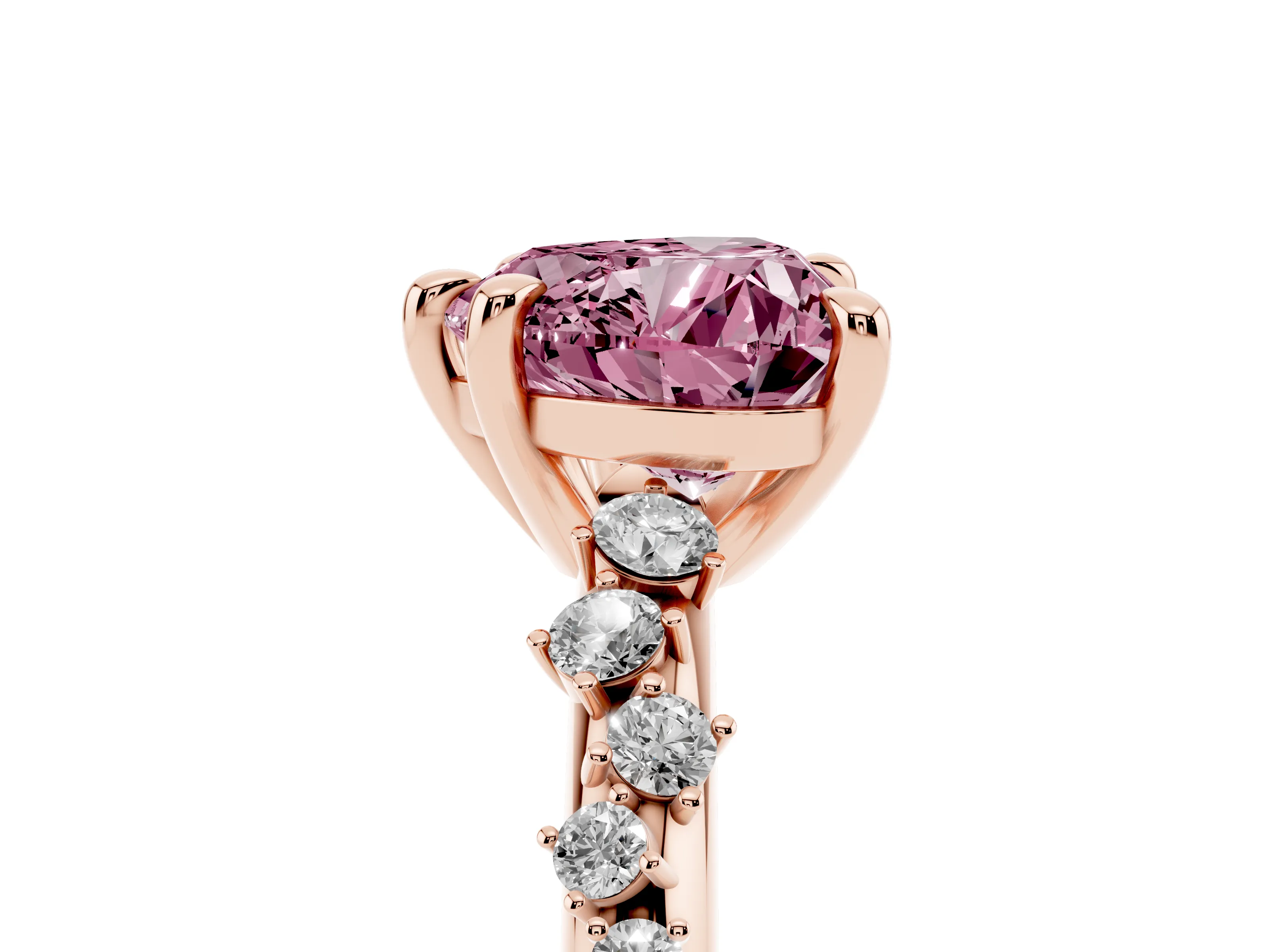 Fancy Pink Heart Cut Diamond Solitaire Vine Band Ring Set in Rose gold with Round Accents and Prong Setting