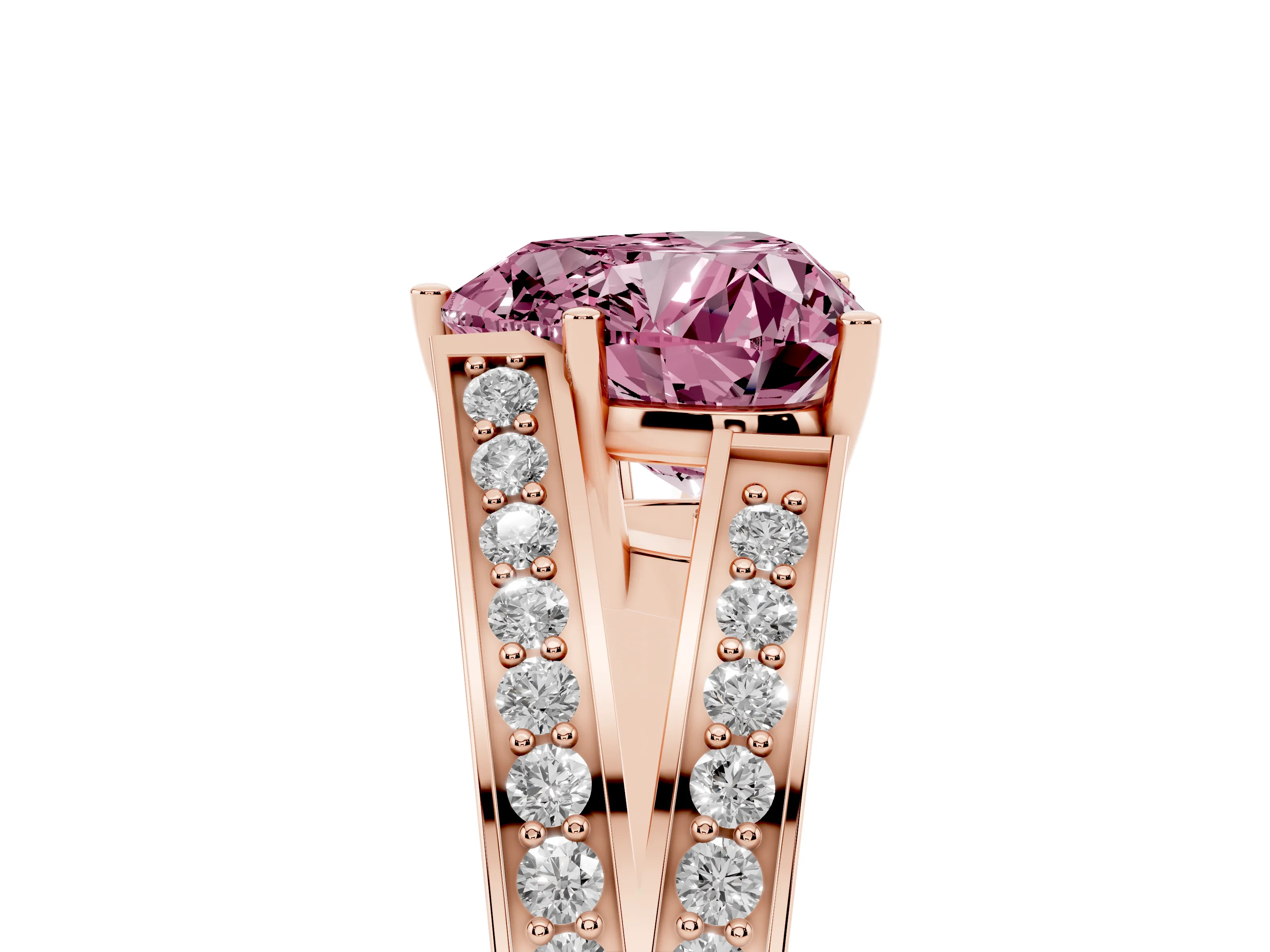 Fancy Pink Heart Cut Diamond Split Shank Ring Set in Rose gold with Pavé Band and Prong Setting