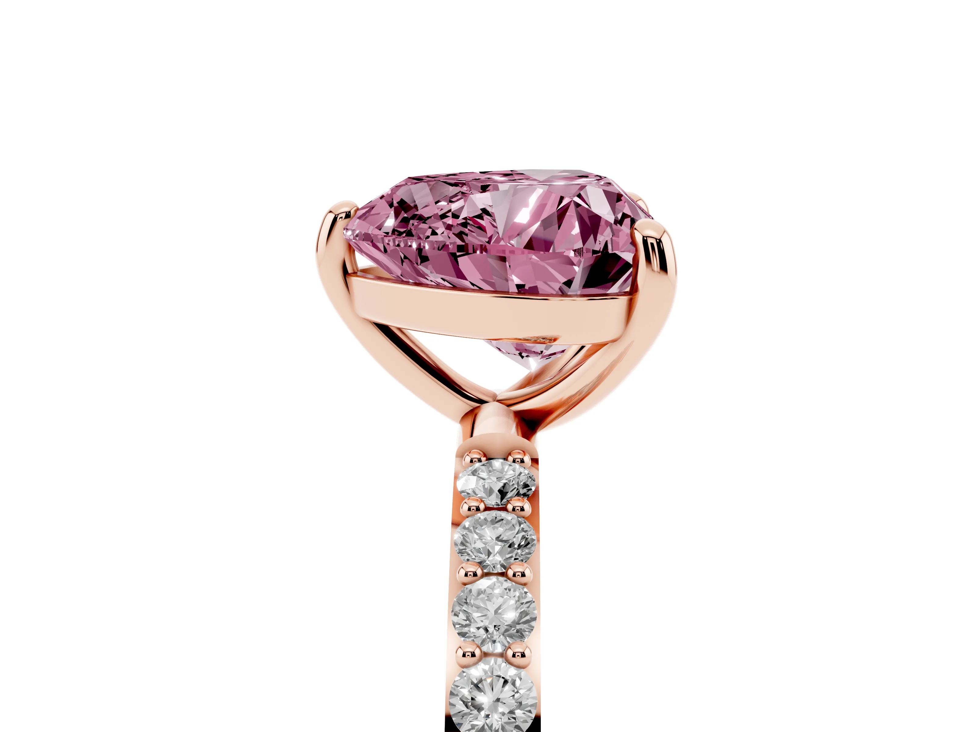 Fancy Pink Heart Cut Diamond Solitaire Ring Set in Rose gold with Round Pavé Band and Prong Setting
