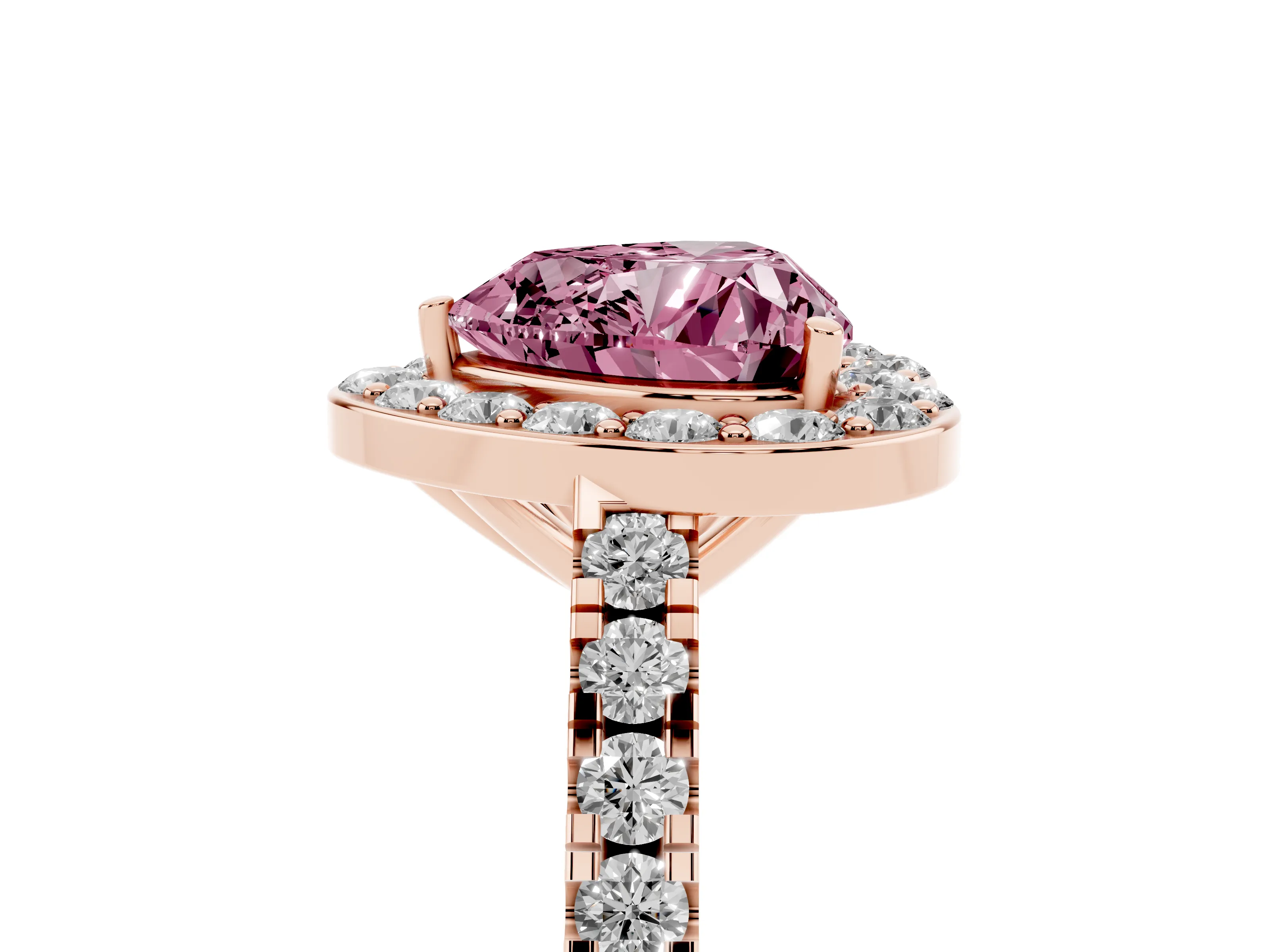 Fancy Pink Heart Cut Diamond Halo Ring Set in Rose gold with Round Pavé Split Shank and Prong Setting
