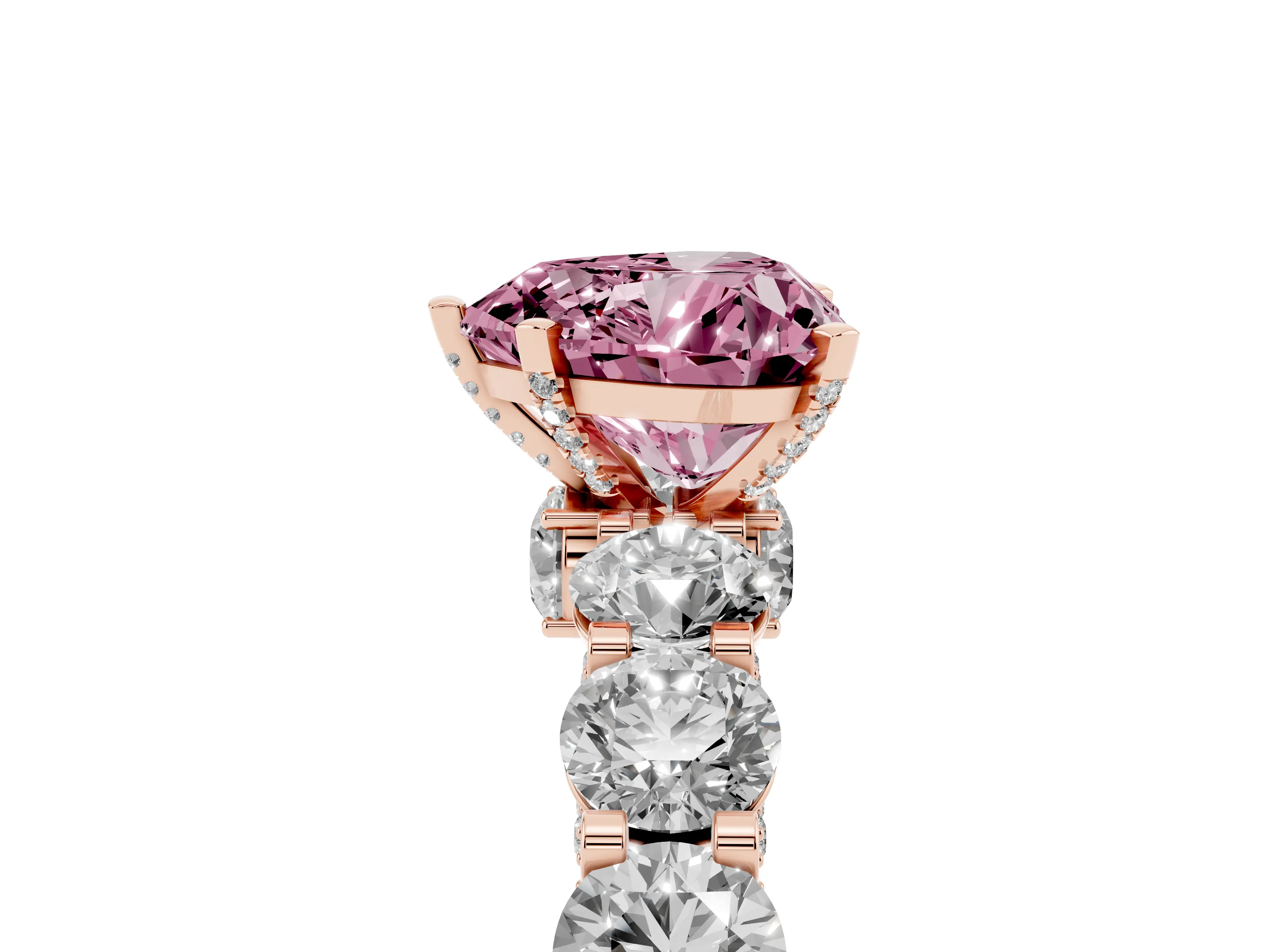 Fancy Pink Heart Cut Diamond Side Stone Ring Set in Rose gold with Alternating Round and Oval Side Stones
