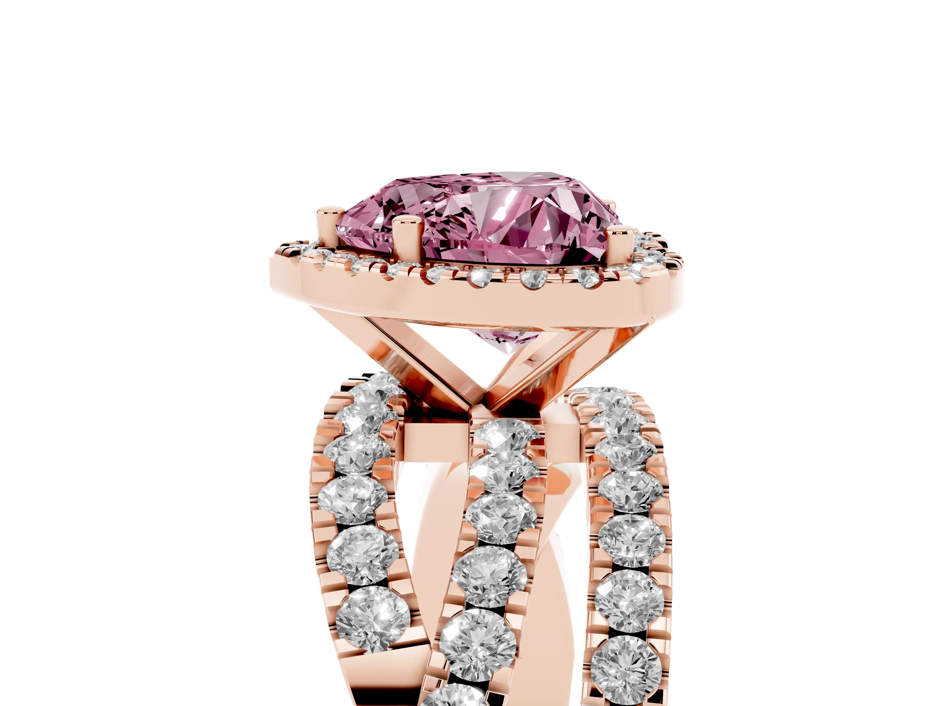 Fancy Pink Heart Cut Diamond Halo Ring Set in Rose gold with Round Crossover Split Shank and Prong Setting