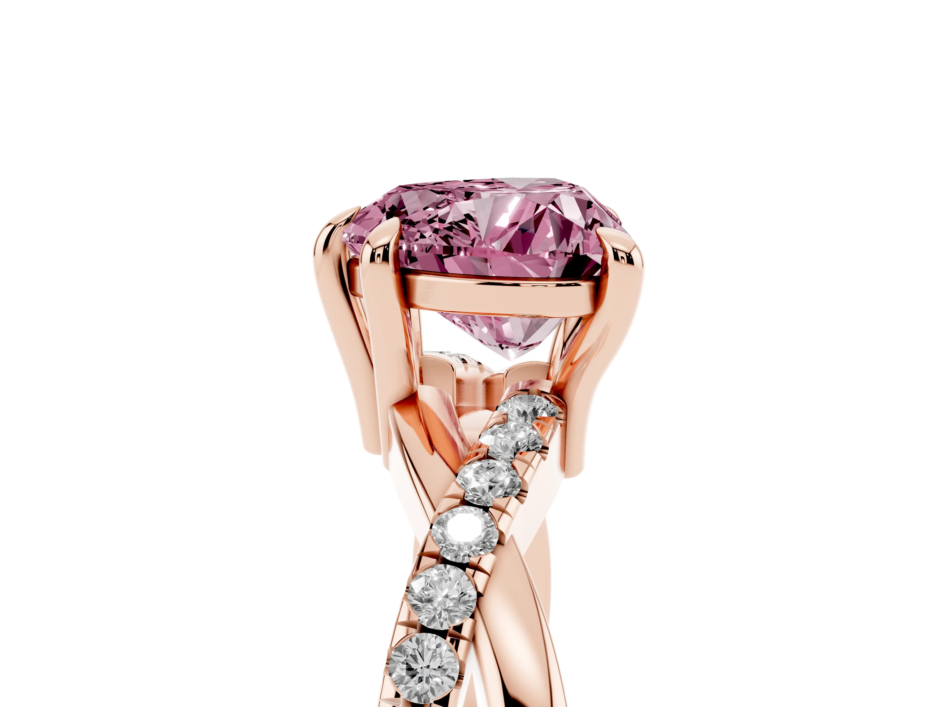 Fancy Pink Heart Cut Diamond Twist Band Solitaire Set in Rose gold with Pavé Accents and Prong Setting
