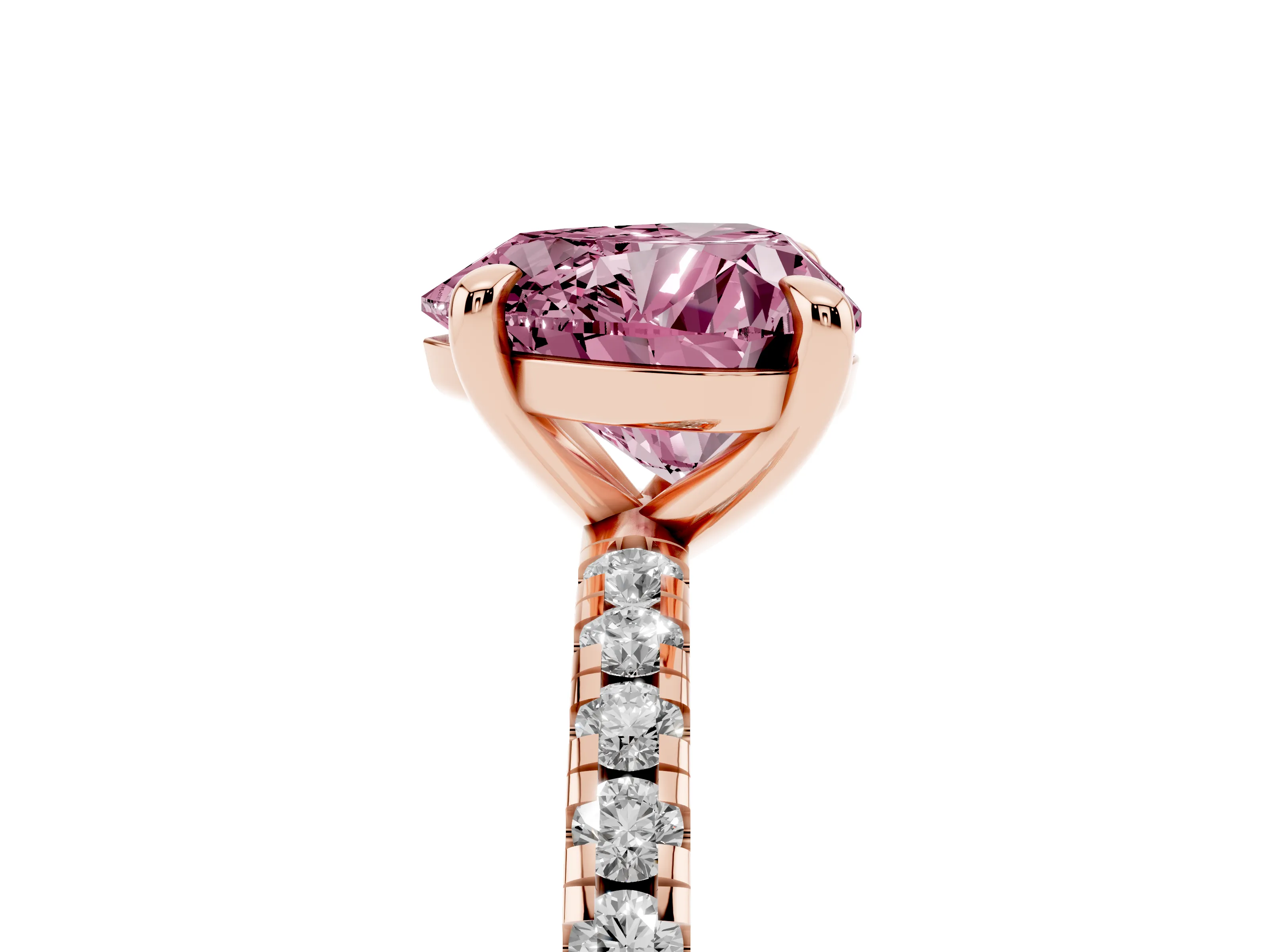 Fancy Pink Heart Cut Diamond Brilliant Solitaire Ring Set in Rose gold with Pavé Band and Prong Setting