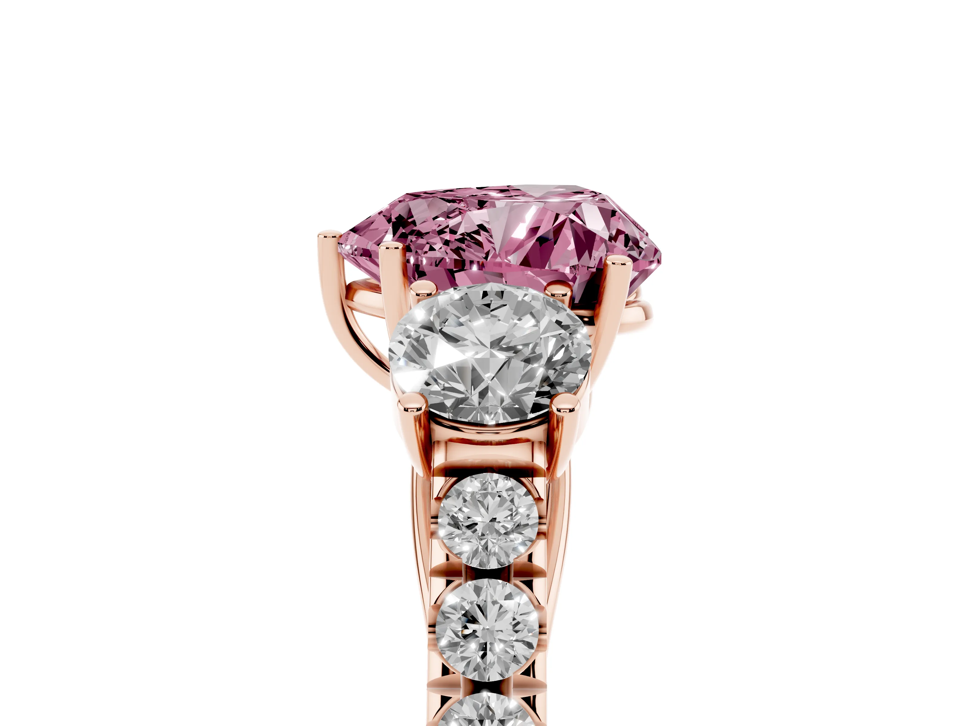 Fancy Pink Heart Cut Diamond Three-Stone Ring Set in Rose gold with Round Side Stones and Delicate Pavé Band
