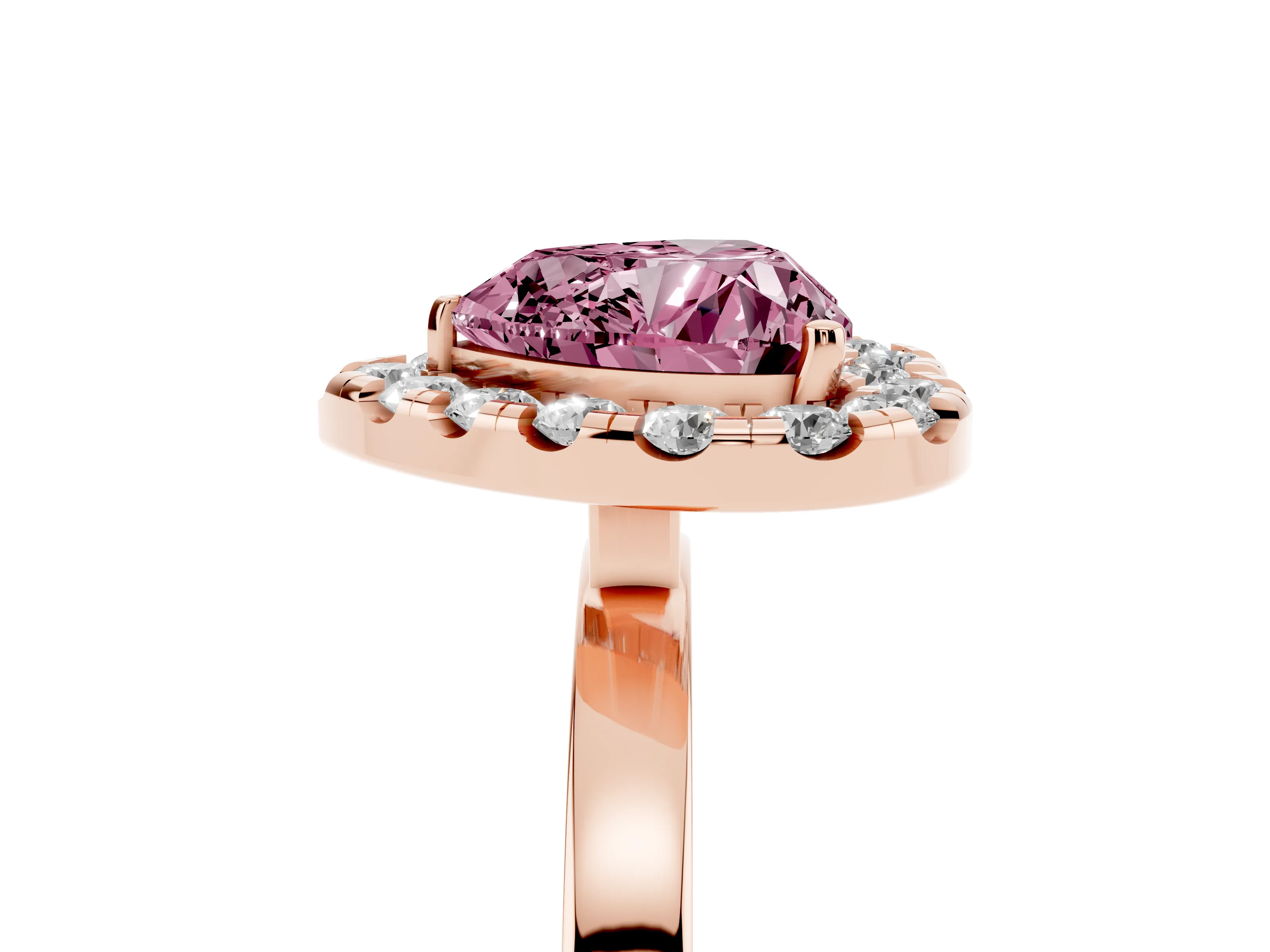 Fancy Pink Heart Cut Diamond Halo Solitaire Ring Set in Rose gold with Pavé Band and Prong Setting