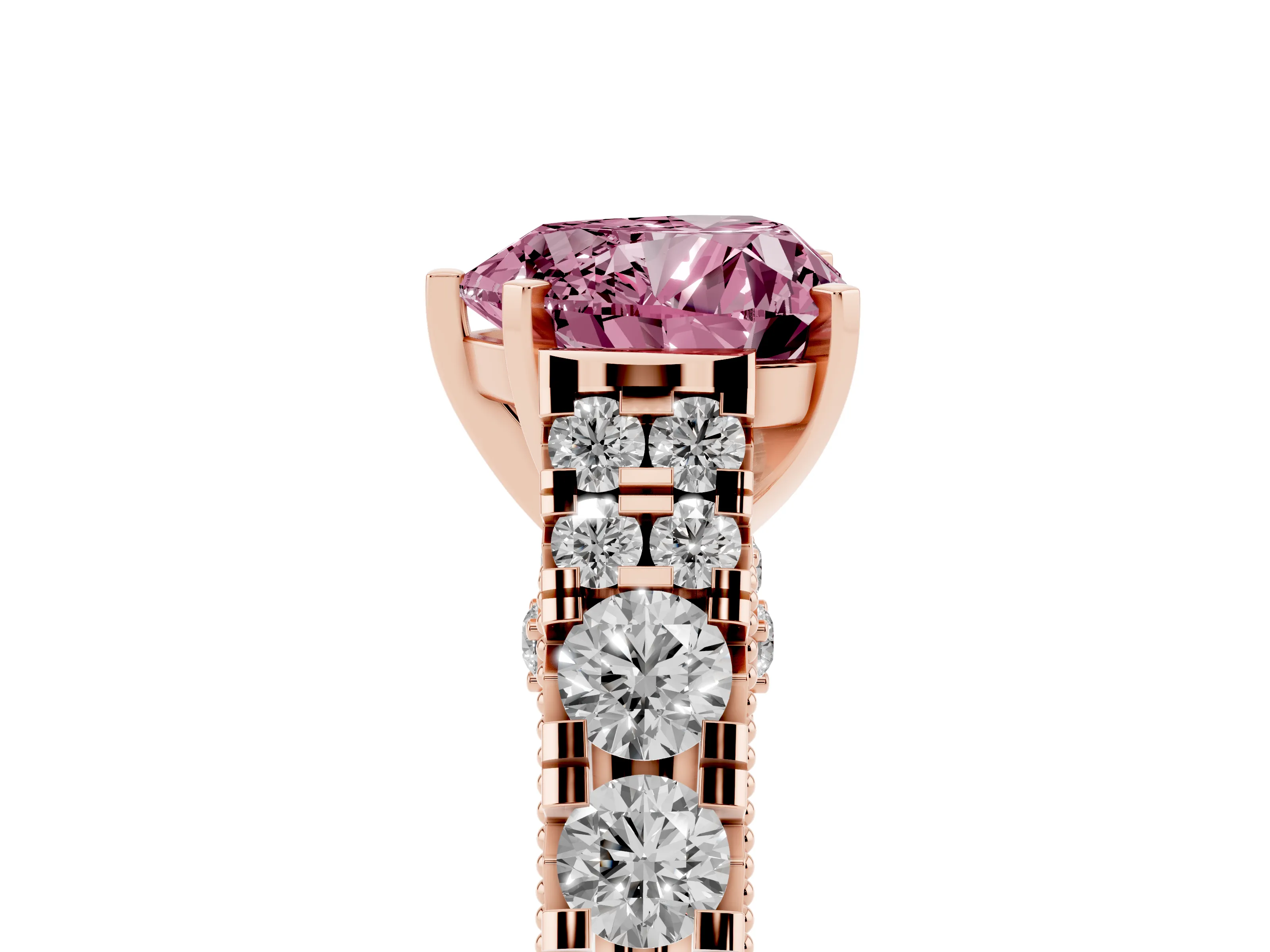 Fancy Pink Heart Cut Diamond Classic Solitaire Ring Set in Rose gold with Pavé Band and Prong Setting