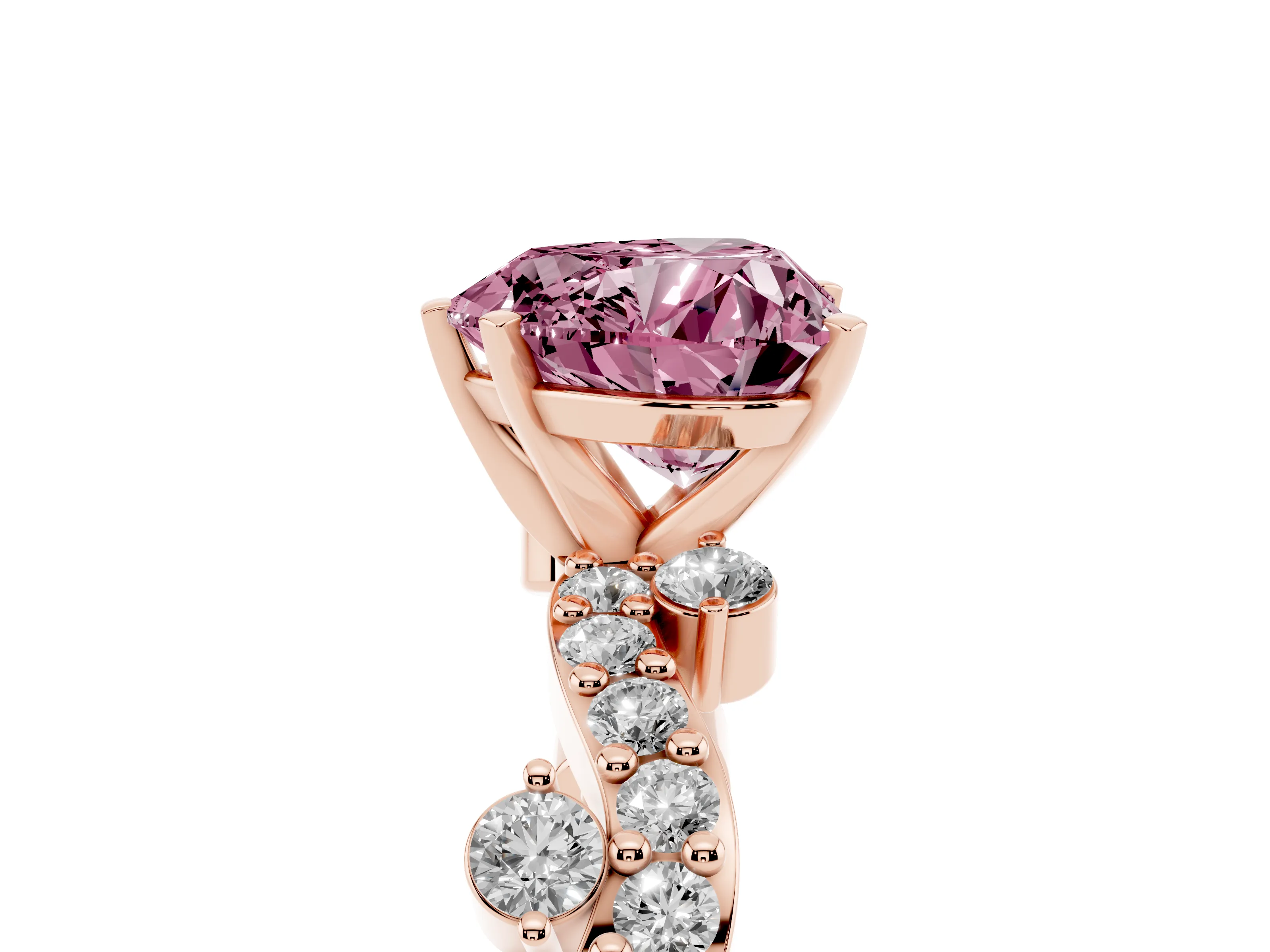Fancy Pink Heart Cut Diamond Solitaire Twisted Band Set in Rose gold with Pavé Setting