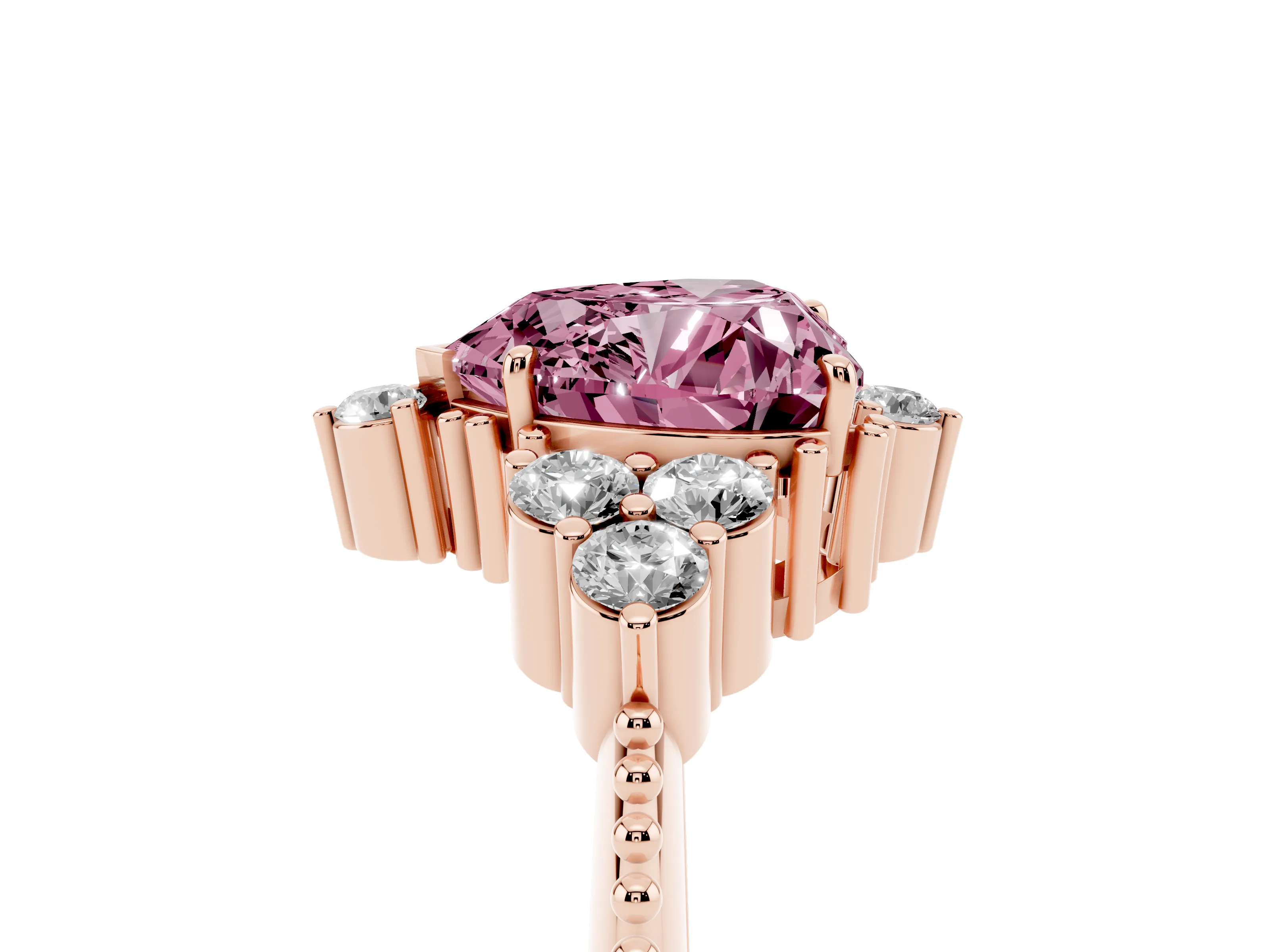 Fancy Pink Heart Cut Diamond Cluster Ring Set in Rose gold with Beaded Band