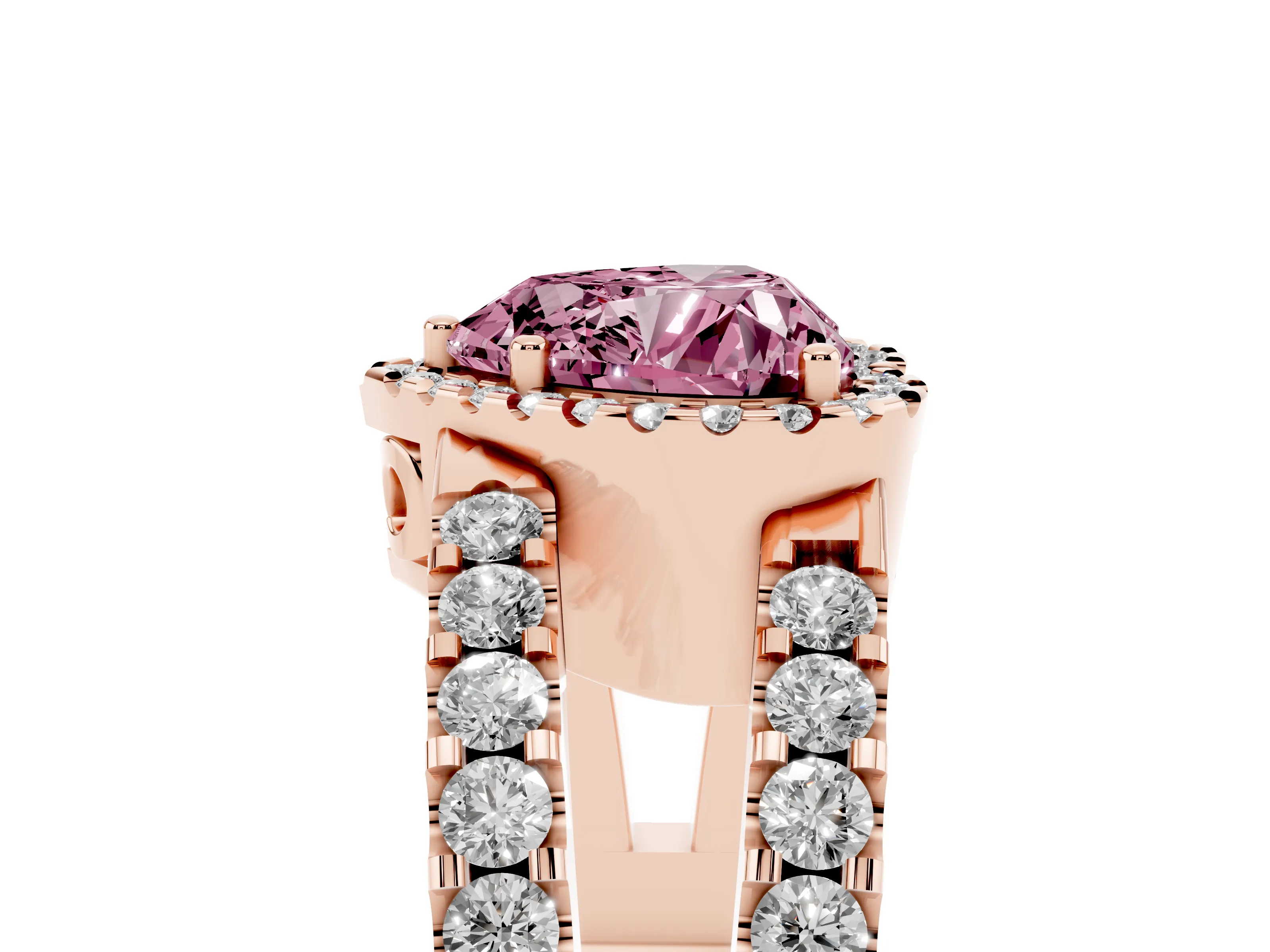 Fancy Pink Heart Cut Diamond Halo Ring Set in Rose gold with Pavé Split Shank and Prong Setting