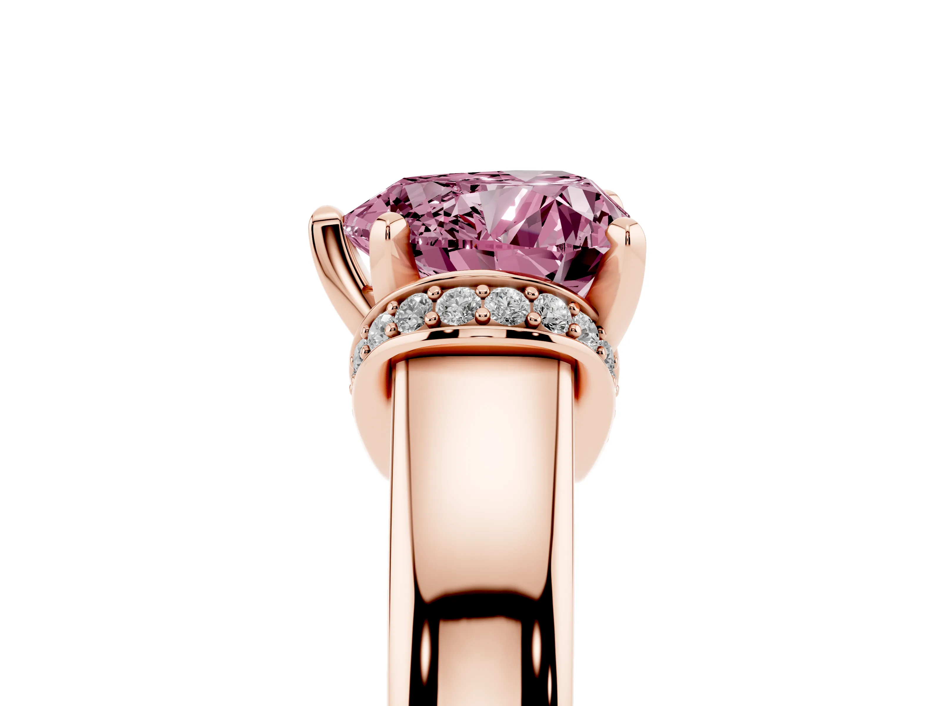 Fancy Pink Heart Cut Diamond Pavé Band Solitaire Ring Set in Rose gold with Prong Setting