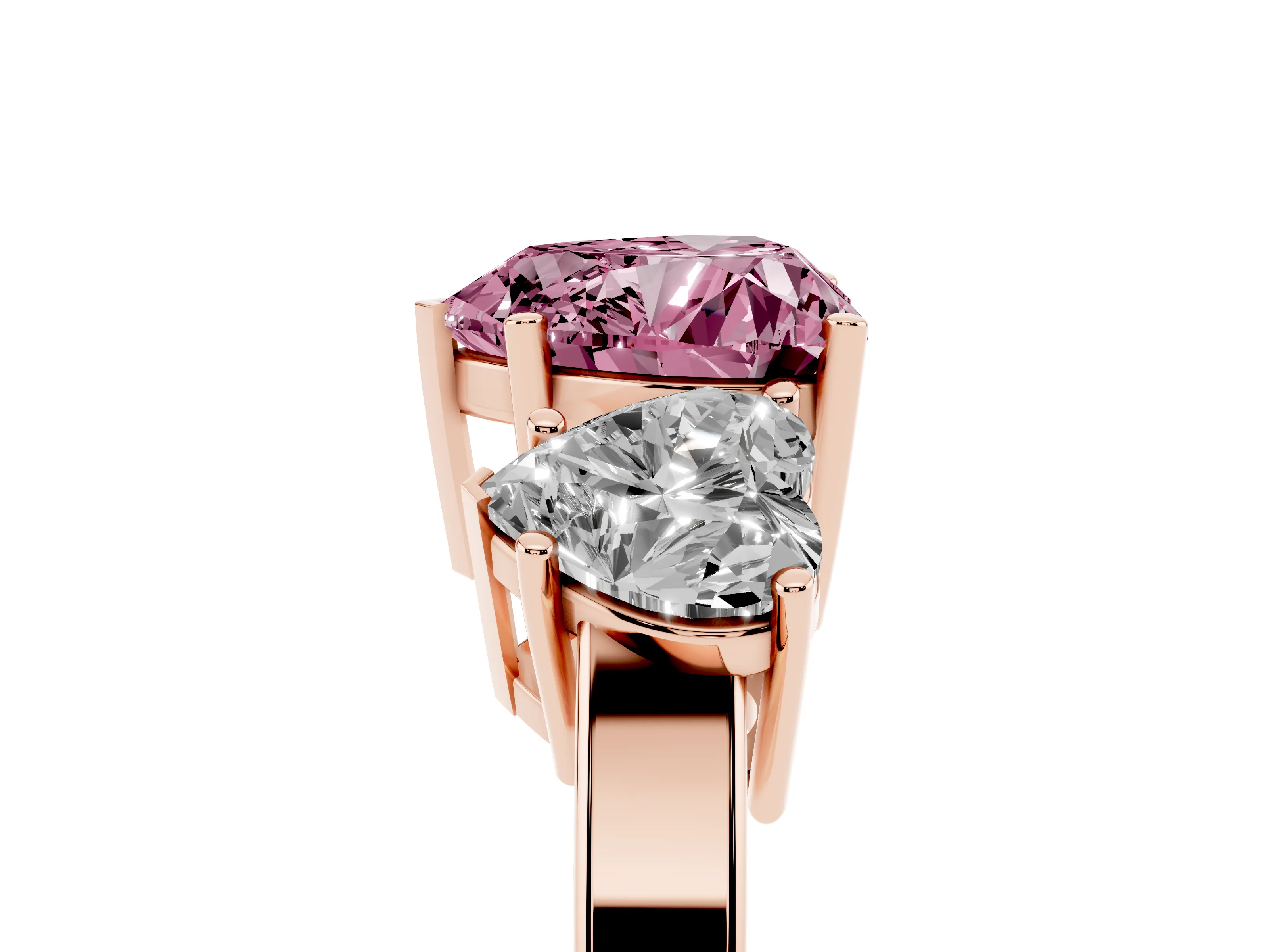 Fancy Pink Heart Cut Diamond Three-Stone Engagement Ring Set in Rose gold with Flat Band