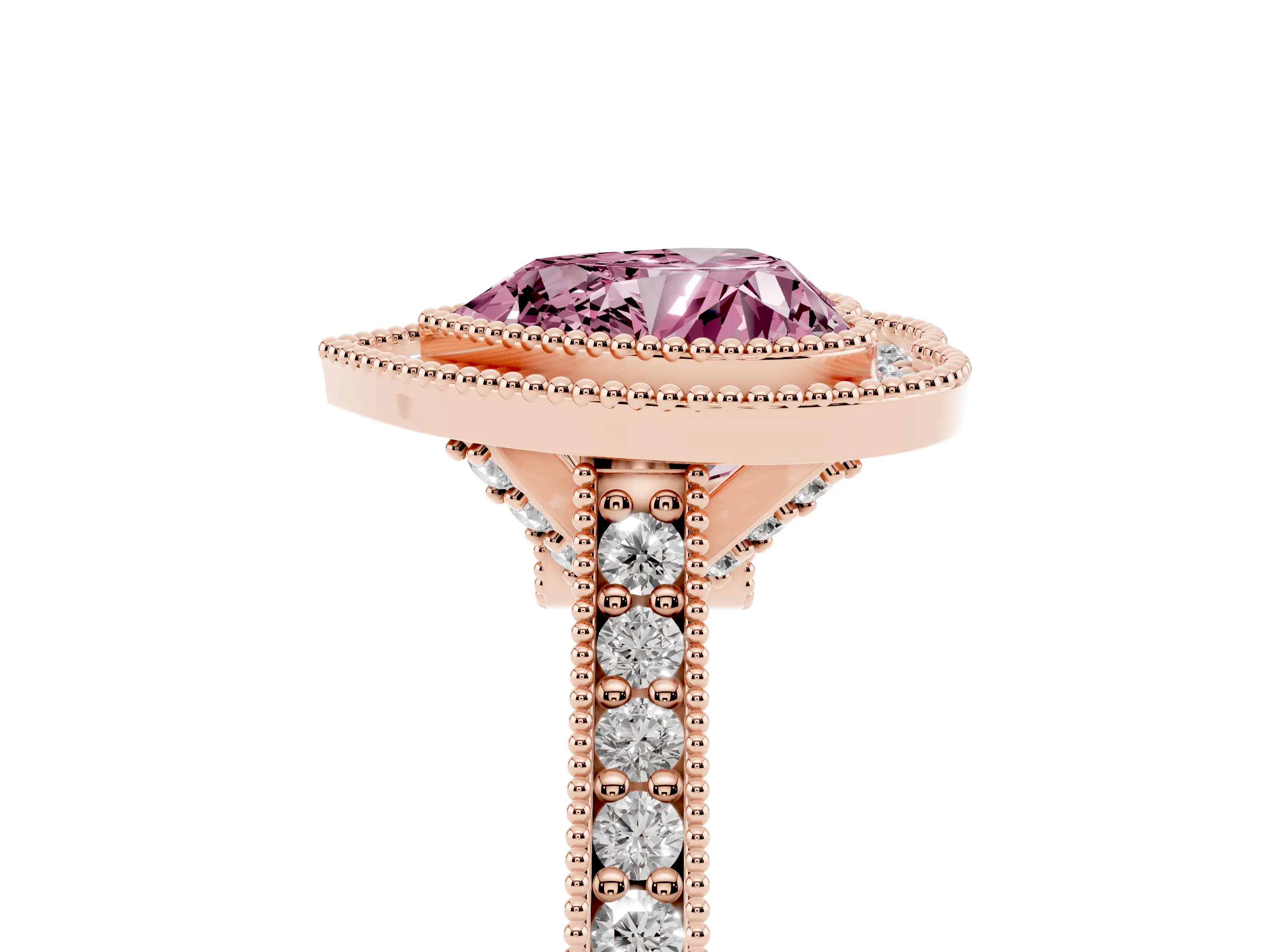 Fancy Pink Heart Cut Diamond Halo Milgrain Pavé Band Ring Set in Rose gold with Prong Setting