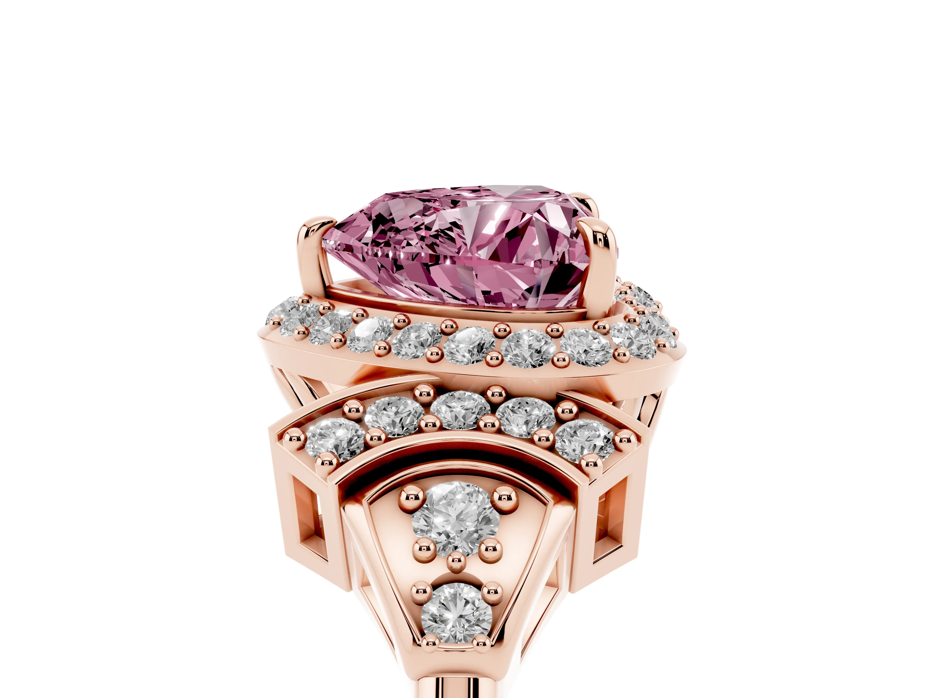 Fancy Pink Heart Cut Diamond Halo Engagement Ring Set in Rose gold with Accent Stone Split Shank
