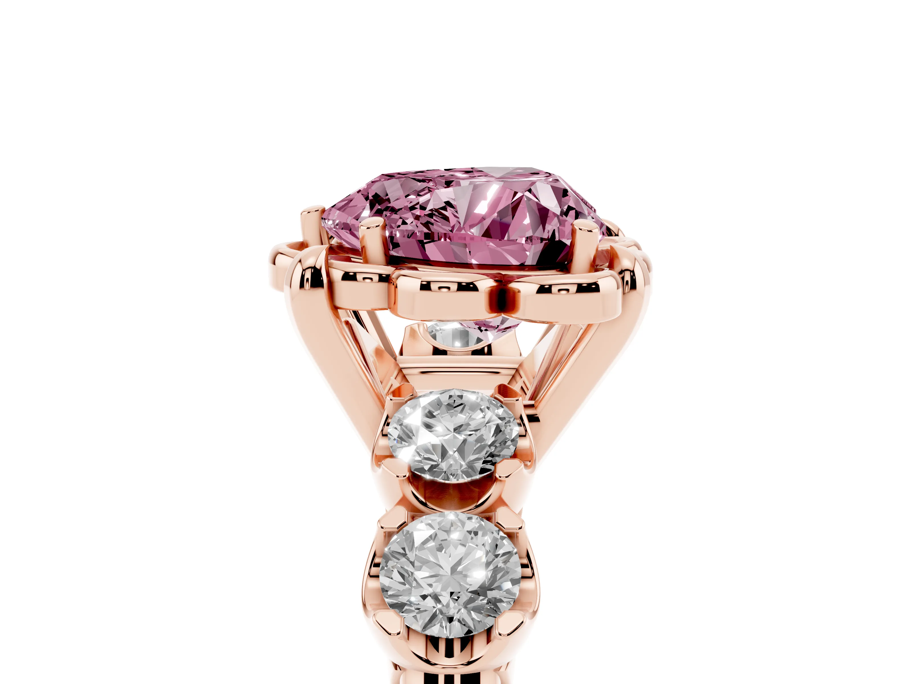 Fancy Pink Heart Cut Diamond Floral Halo Ring Set in Rose gold with Shared Prong Band