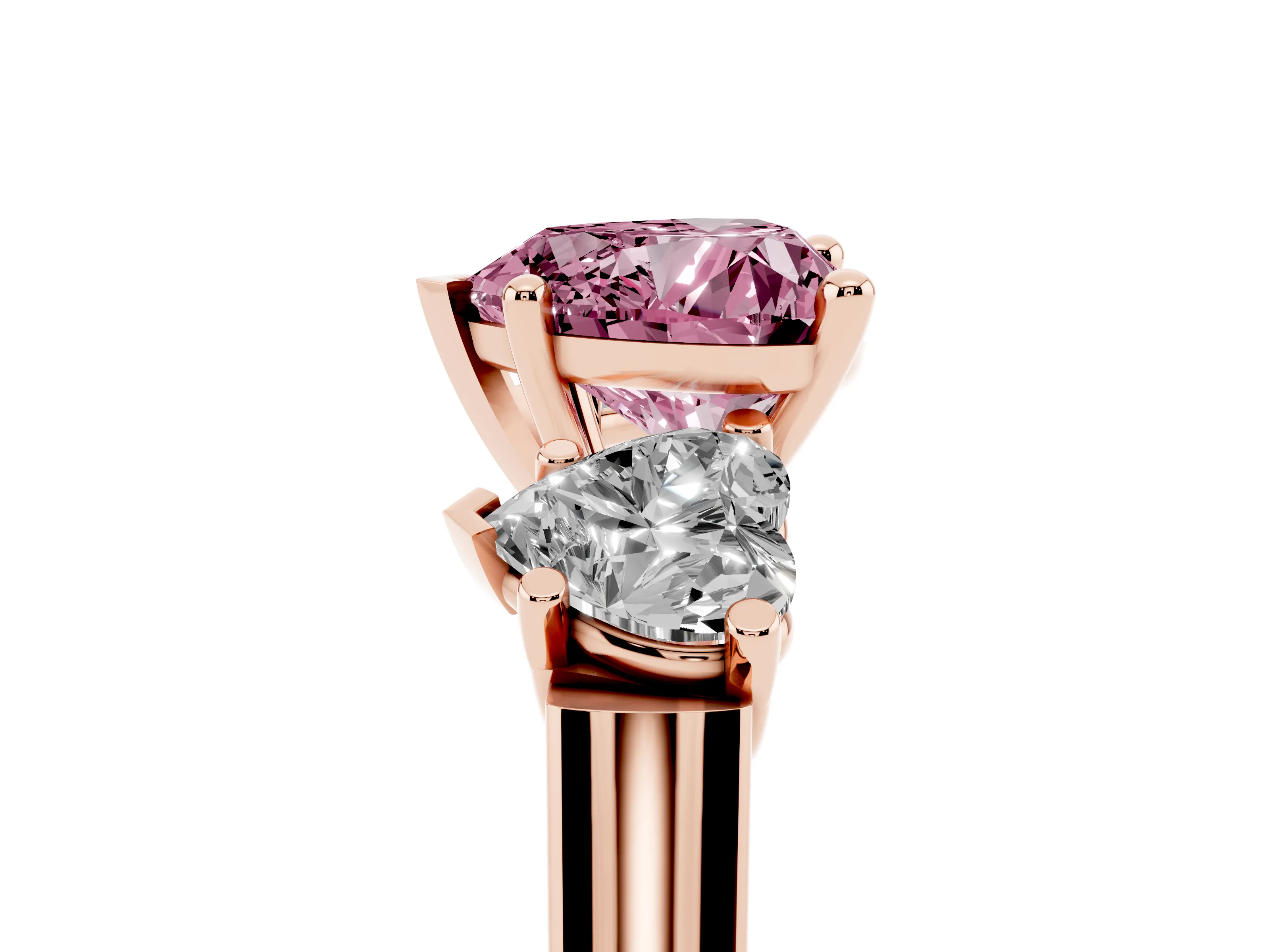 Fancy Pink Heart Cut Diamond Three-Stone Trellis Ring Set in Rose gold with Comfort Fit Band