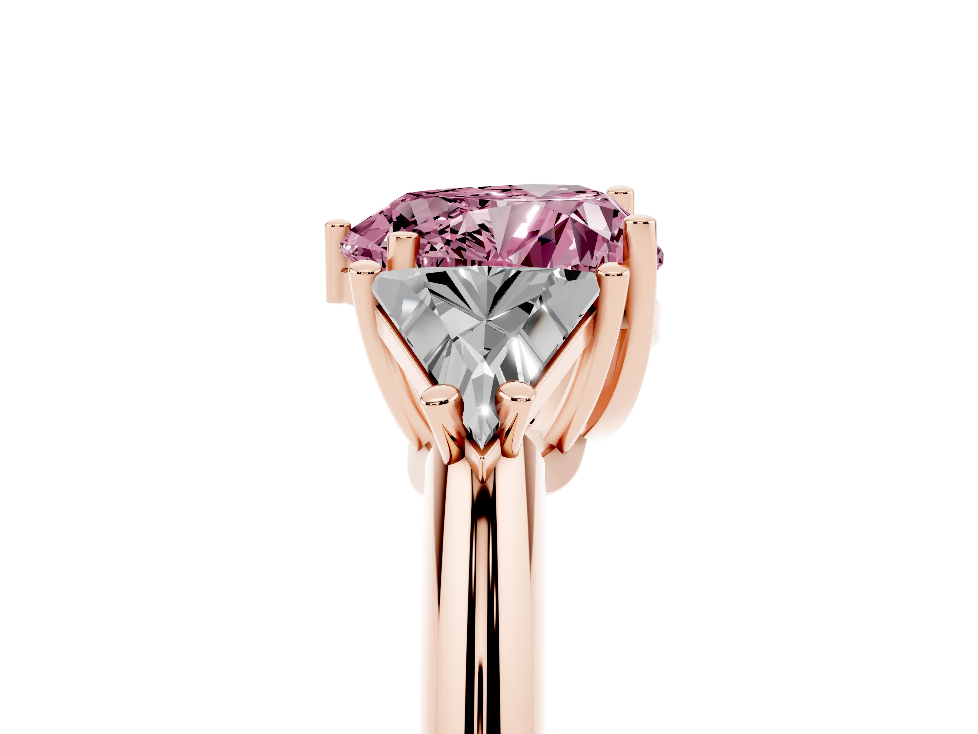 Fancy Pink Heart Cut Diamond Three-Stone Engagement Ring Set in Rose gold with Trillion Side Stones