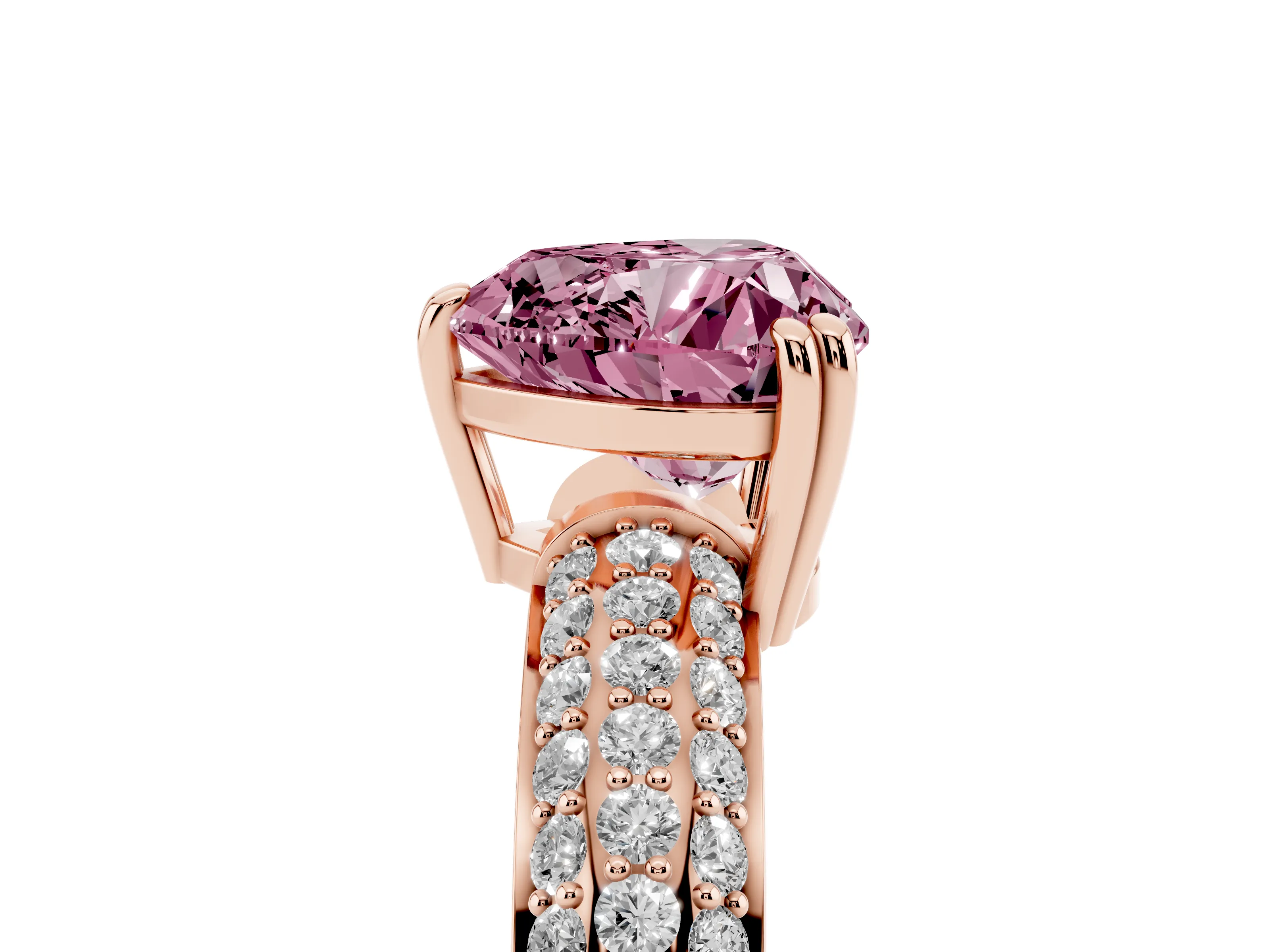 Fancy Pink Heart Cut Diamond Solitaire Ring Set in Rose gold with Multi-Row Round Pavé Band and Prong Setting