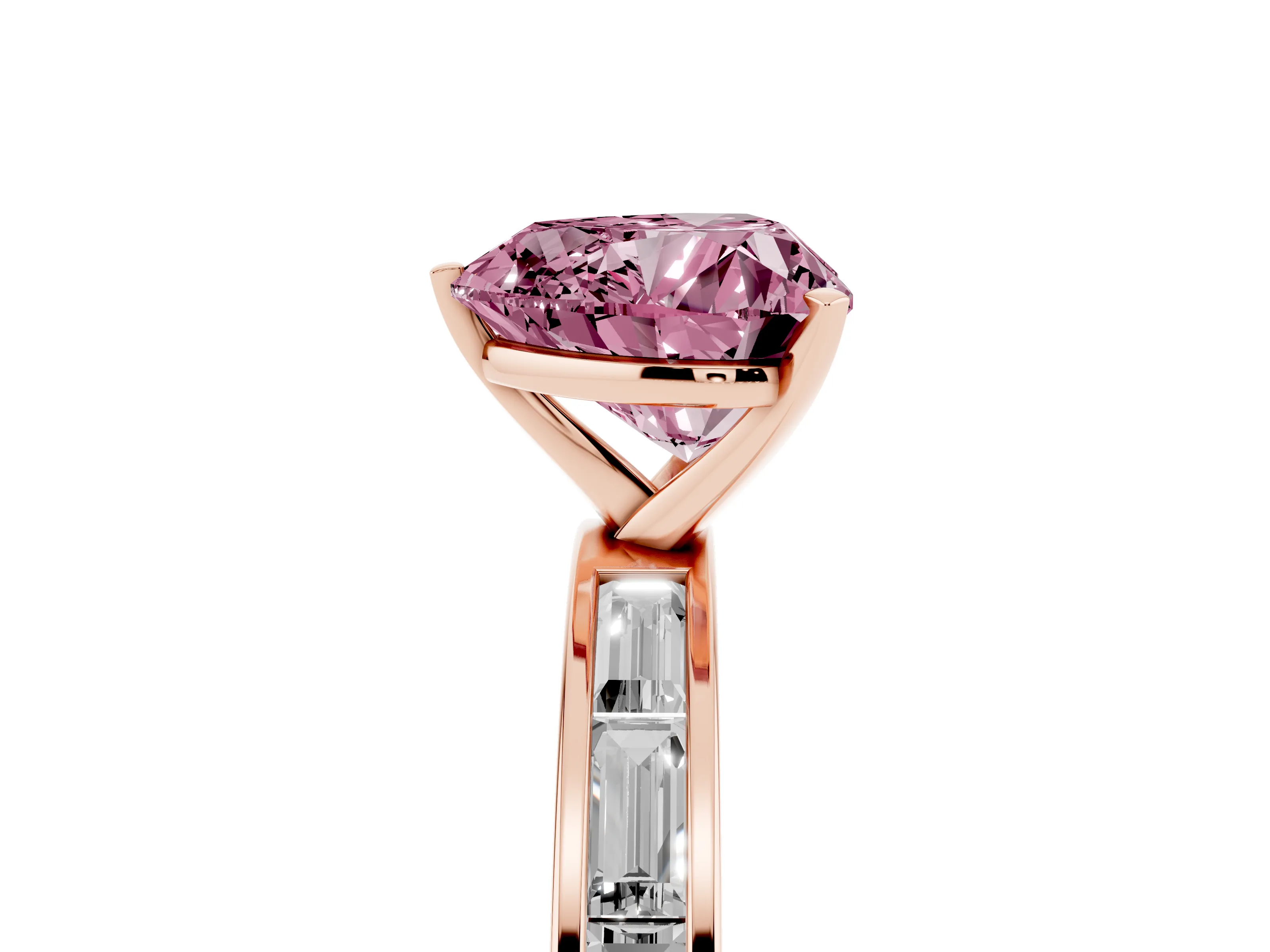 Fancy Pink Heart Cut Diamond Solitaire Ring Set in Rose gold with Channel-Set Baguette Band and Prong Setting