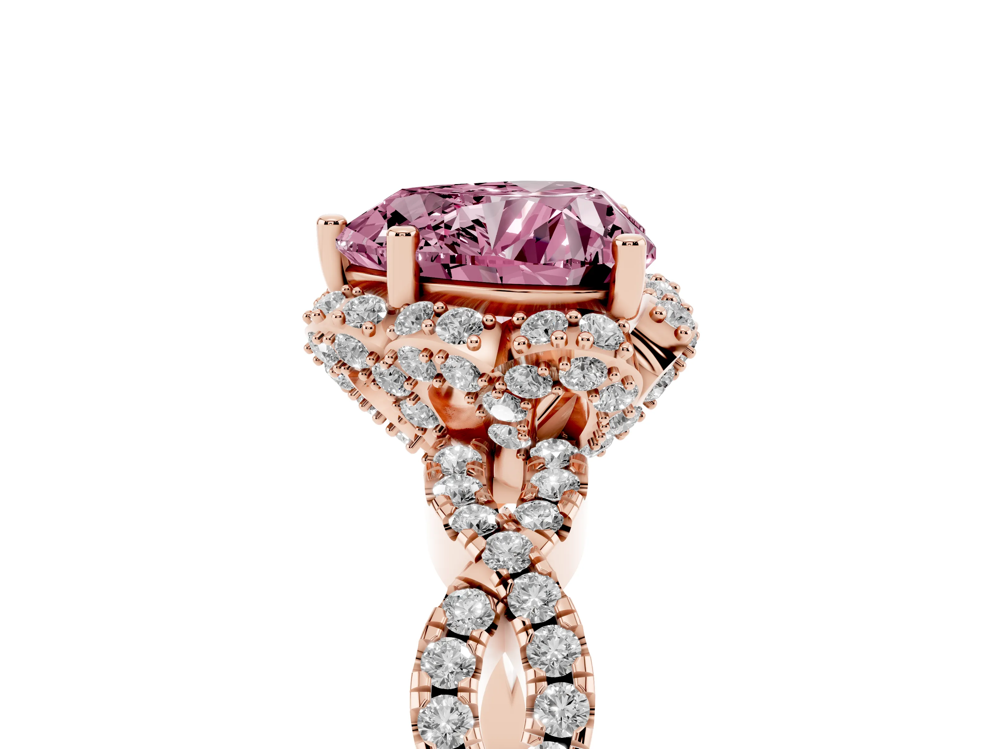Fancy Pink Heart Cut Diamond Halo Twist Band Solitaire Ring Set in Rose gold with Prong-Set Center Stone