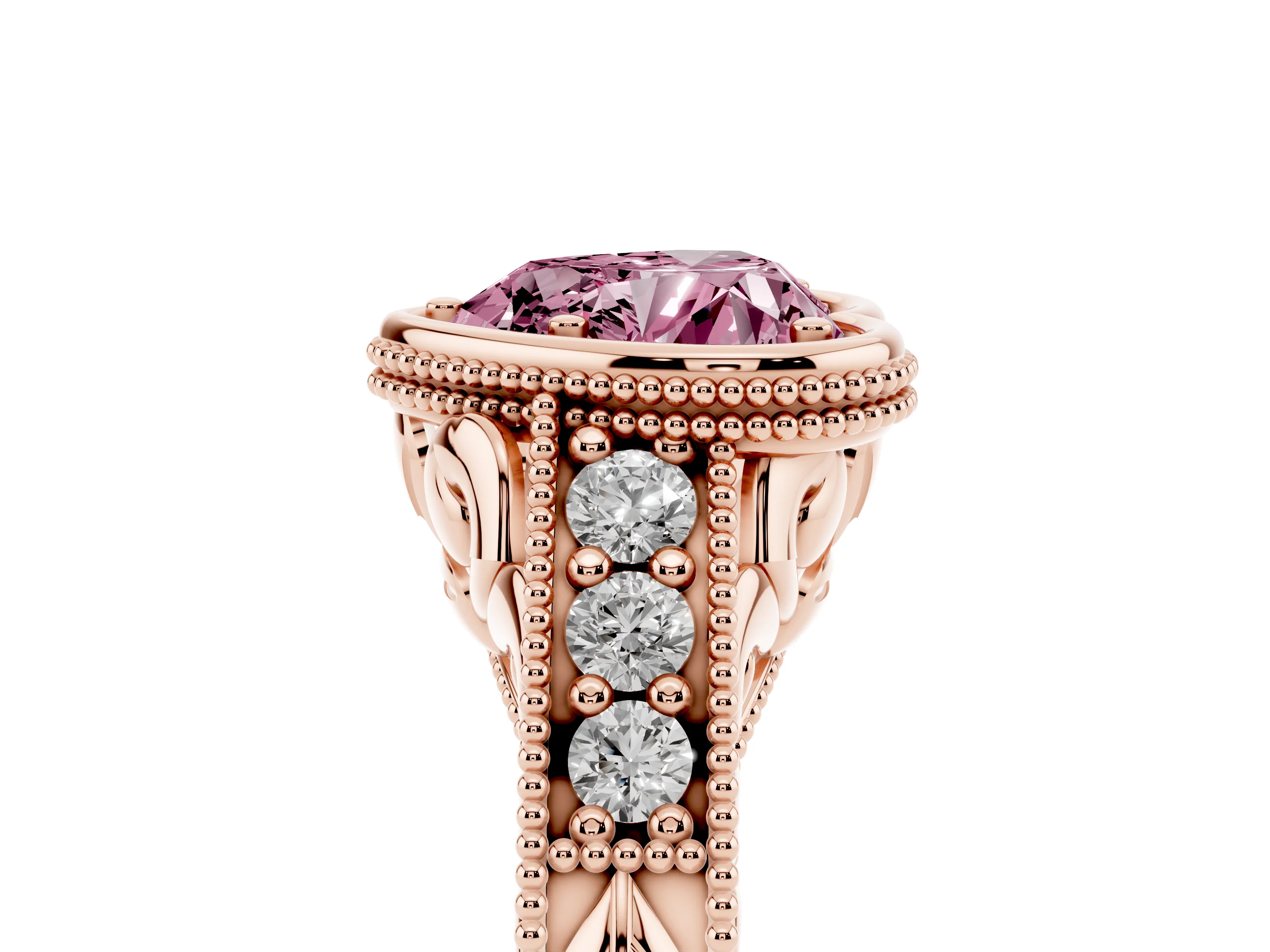 Fancy Pink Bezel Set Heart Cut Diamond Milgrain Pavé Engagement Ring Set in Rose gold