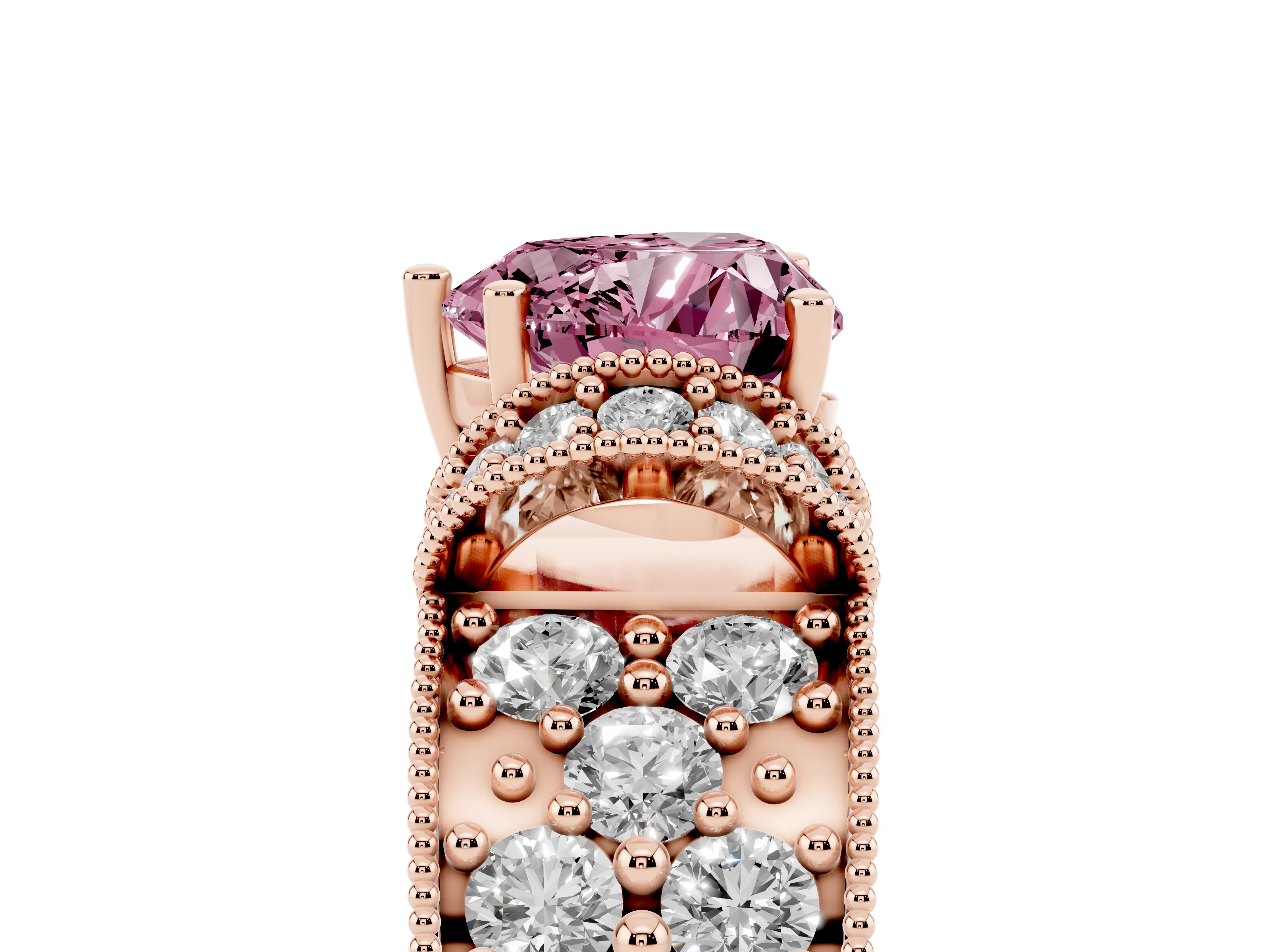 Fancy Pink Heart Cut Diamond Milgrain Halo Pavé Engagement Ring Set in Rose gold with Prong Setting