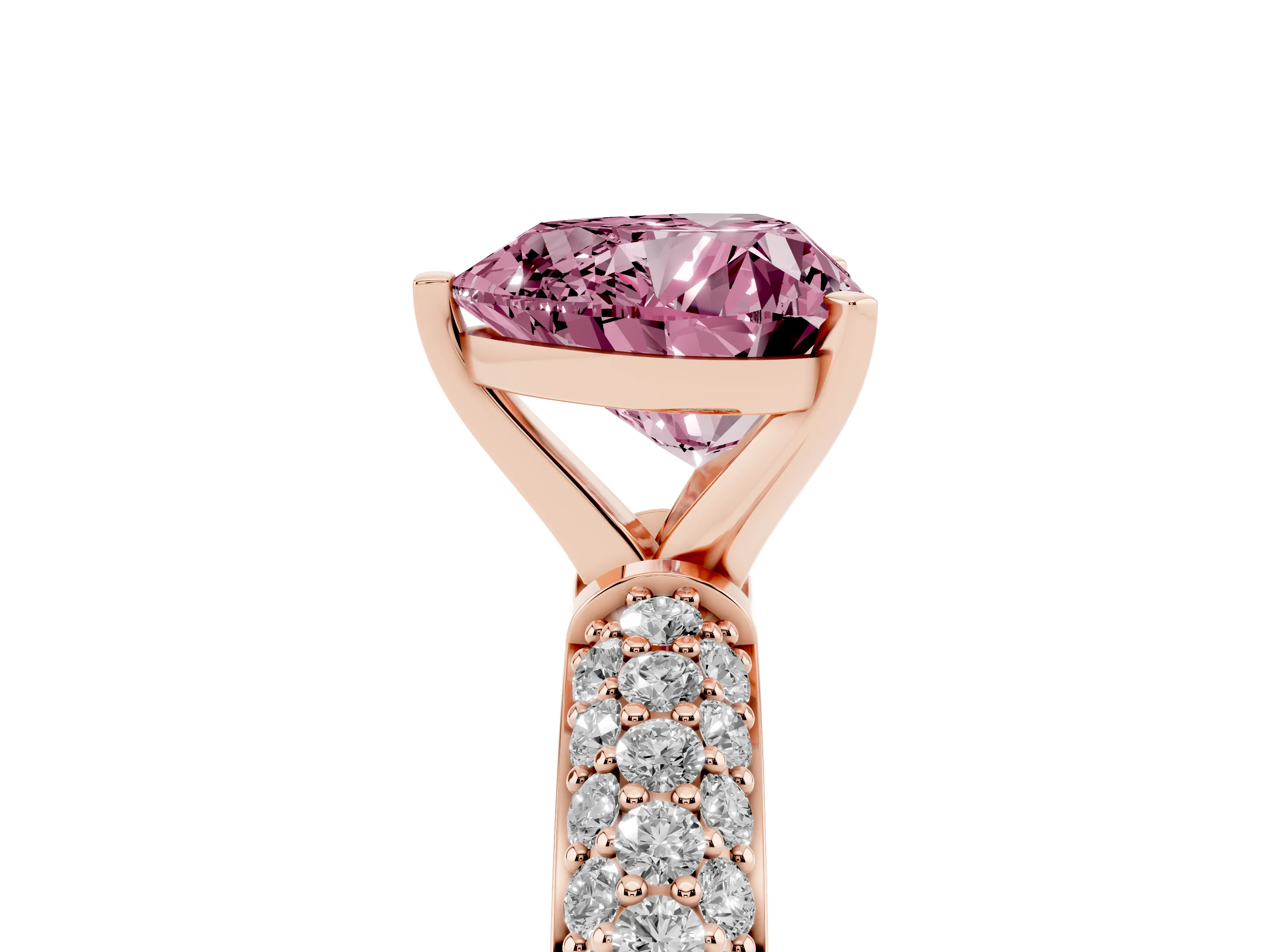 Fancy Pink Heart Cut Diamond Solitaire Ring Set in Rose gold with Prong Setting and Pavé-Set Band