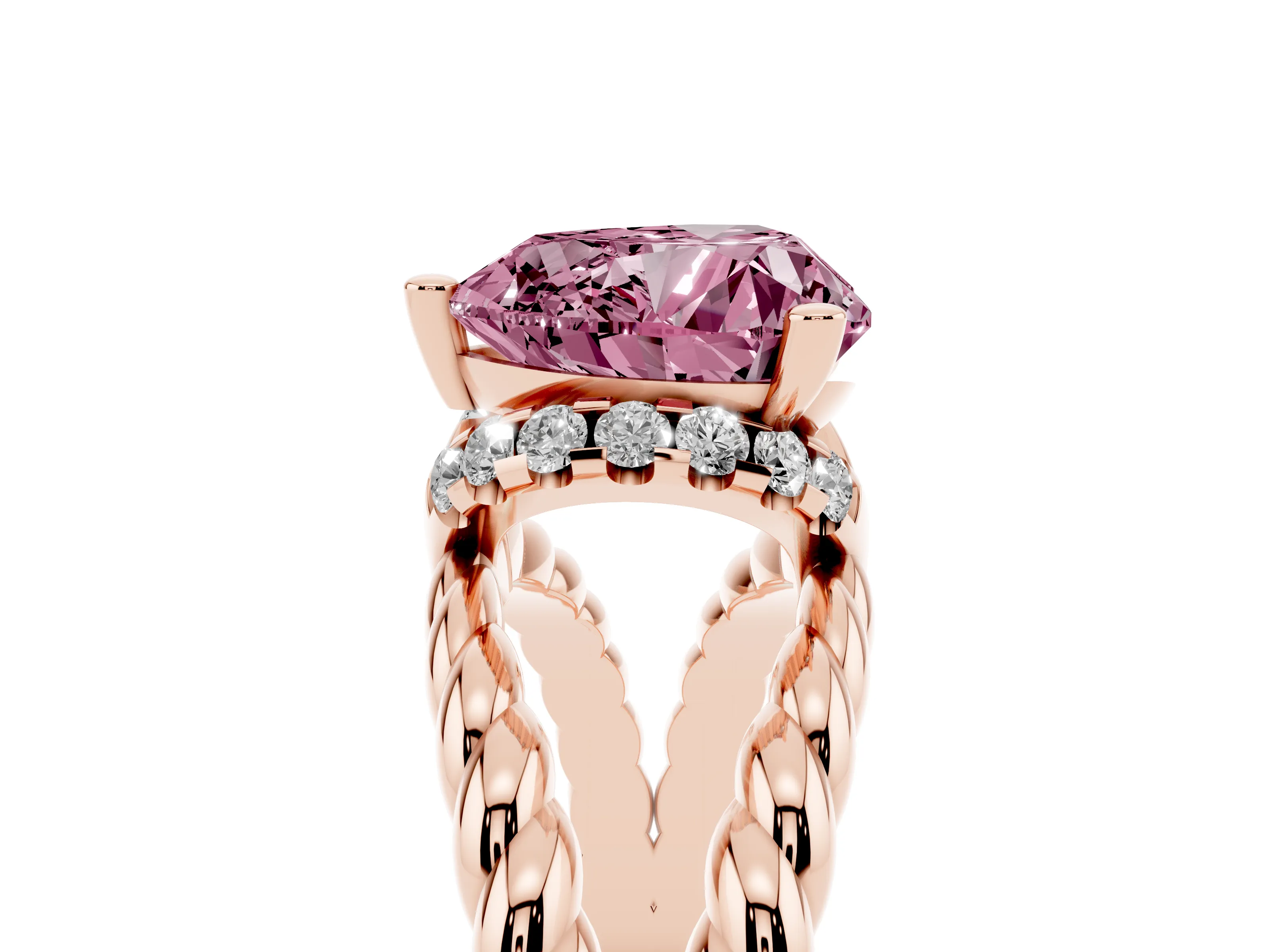 Fancy Pink Heart Cut Diamond Halo Ring Set in Rose gold with Twisted Band and Prong Setting