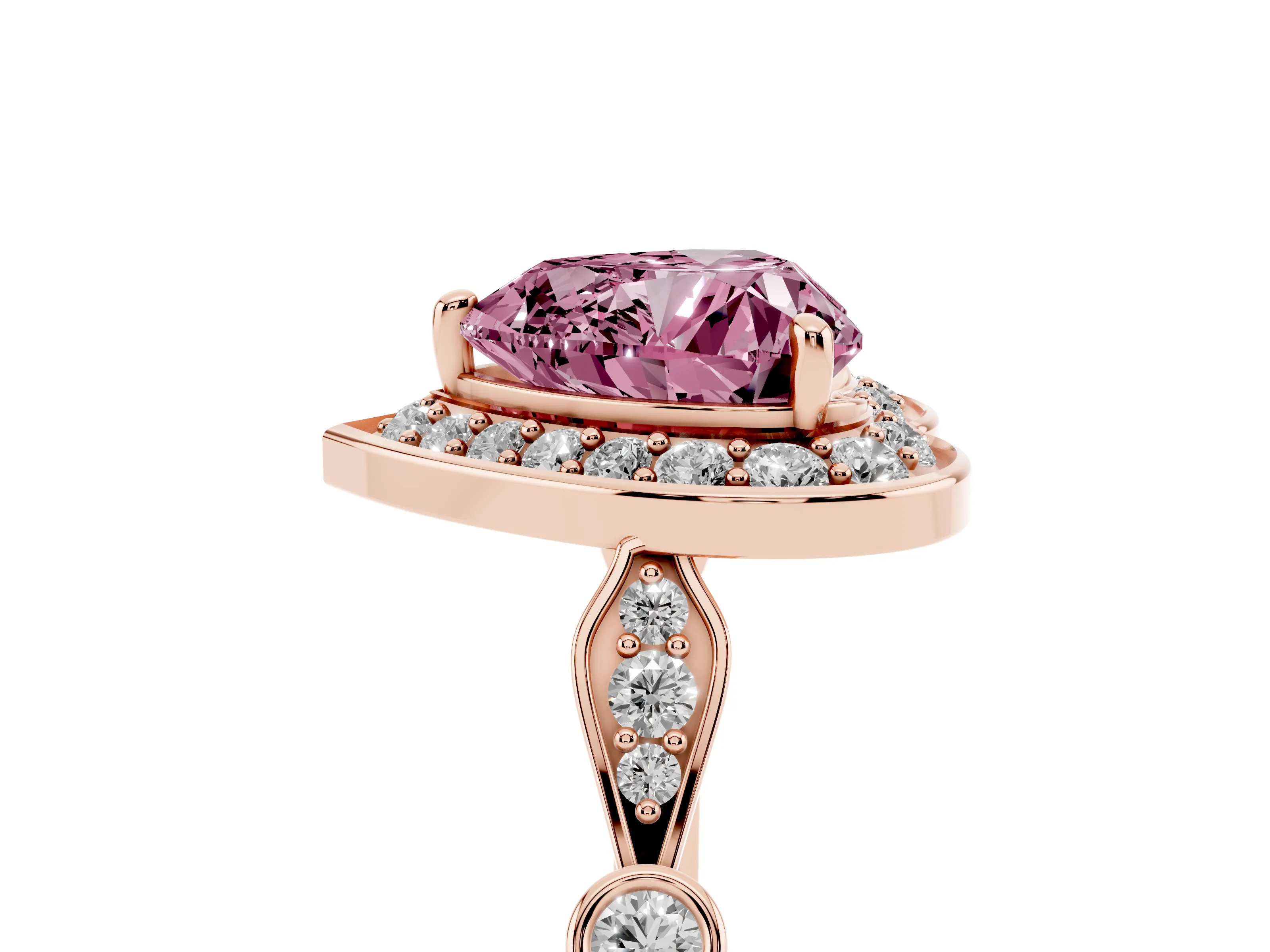 Fancy Pink Heart Cut Diamond Halo Engagement Ring Set in Rose gold with Twisted Band and Prong Setting