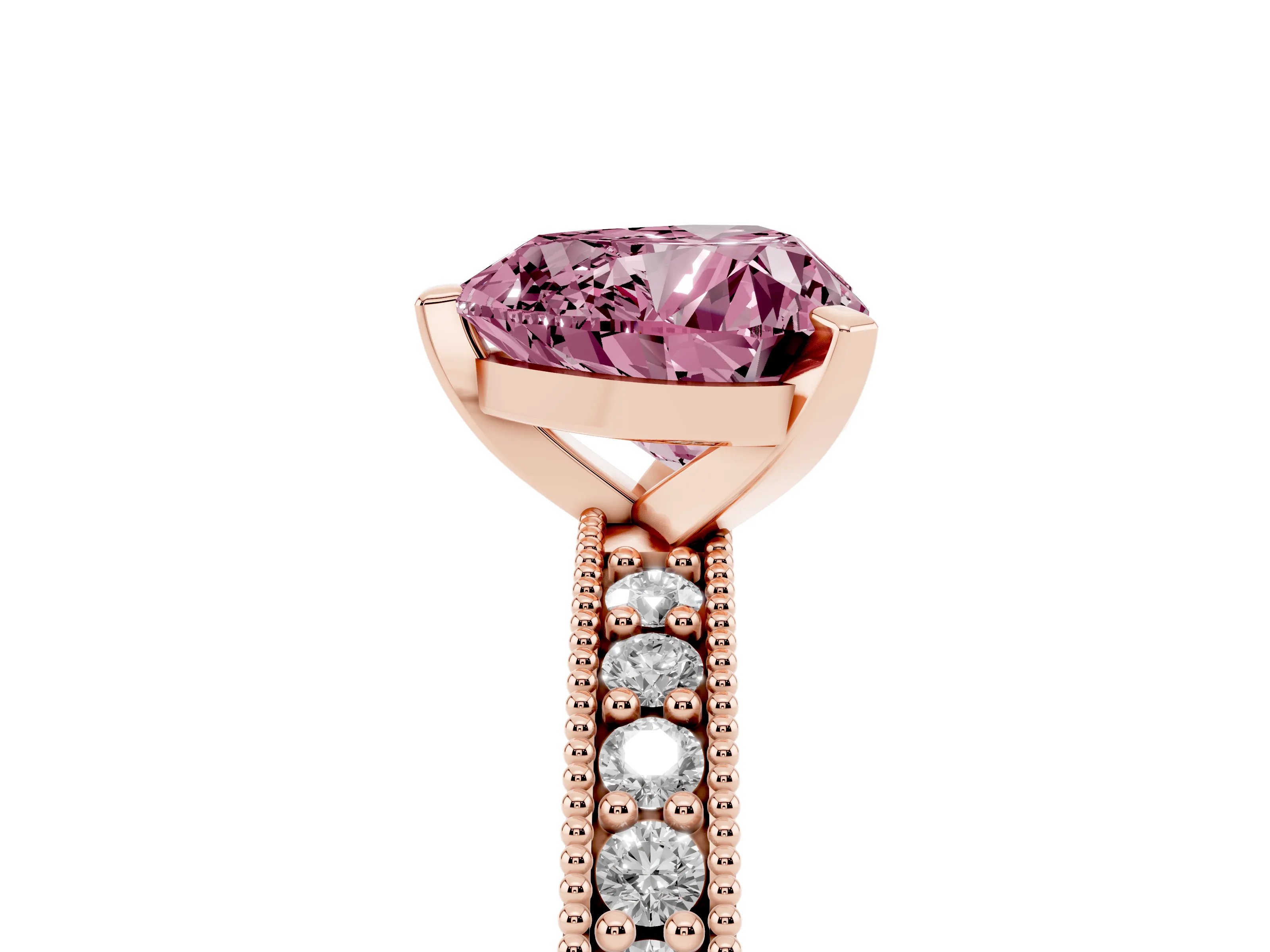 Fancy Pink Heart Cut Diamond Milgrain Pavé Engagement Ring Set in Rose gold with Prong Setting