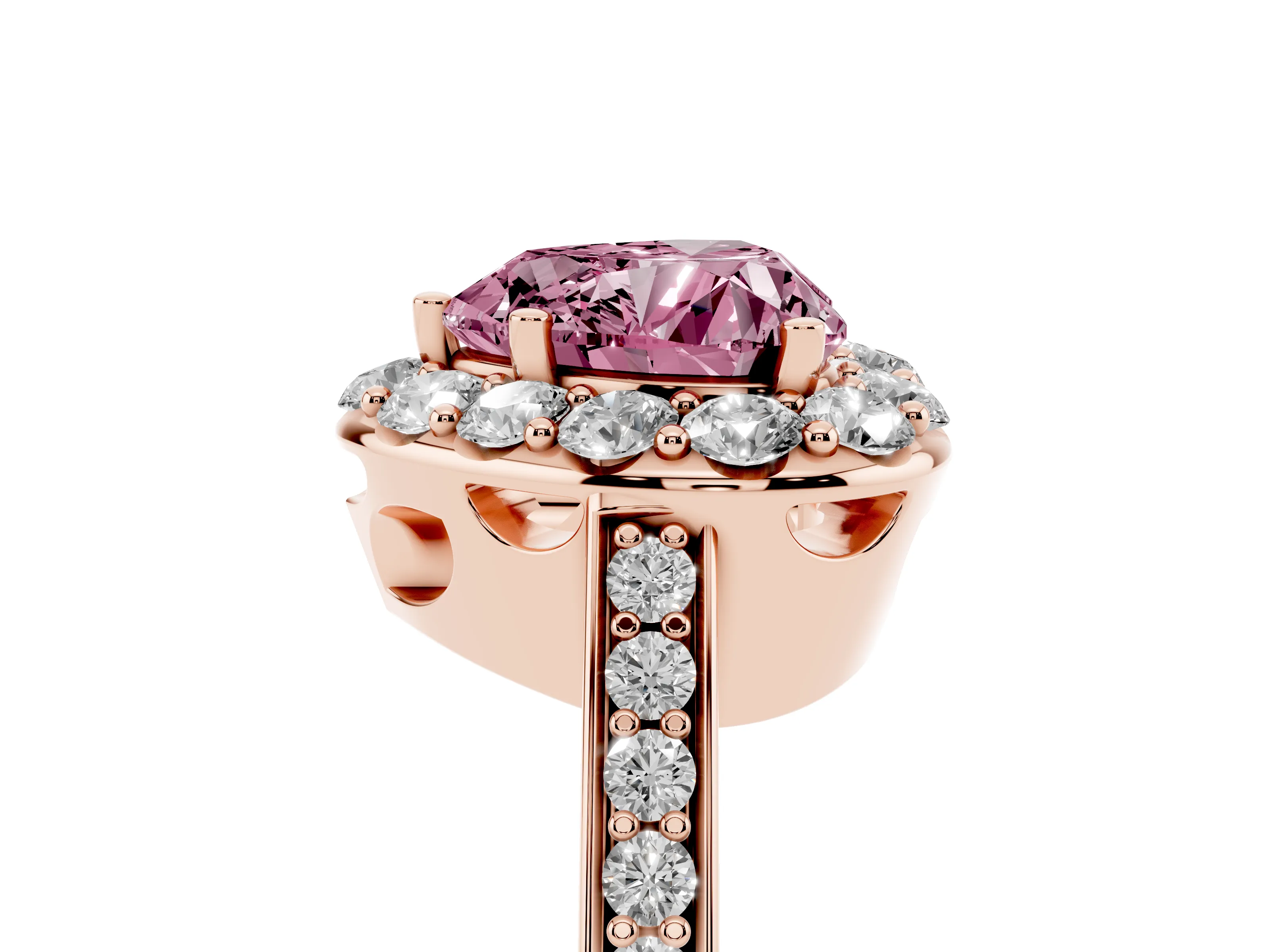 Fancy Pink Heart Cut Diamond Floral Halo Ring Set in Rose gold with Pavé Band and Prong Setting