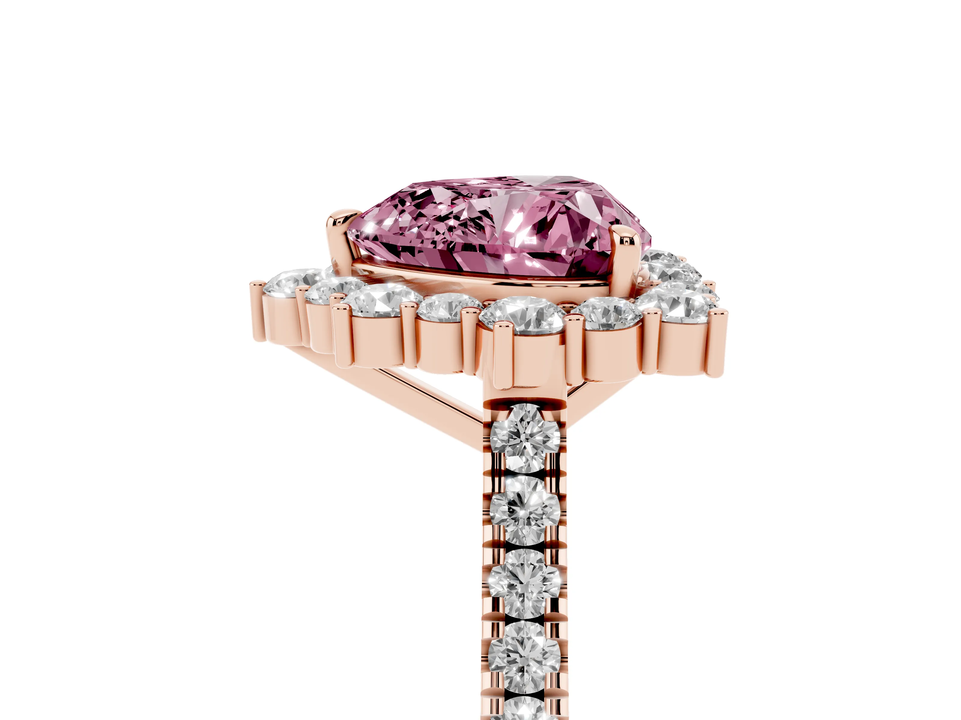 Fancy Pink Heart Cut Diamond Halo Ring Set in Rose gold with Pavé Band and Prong Setting