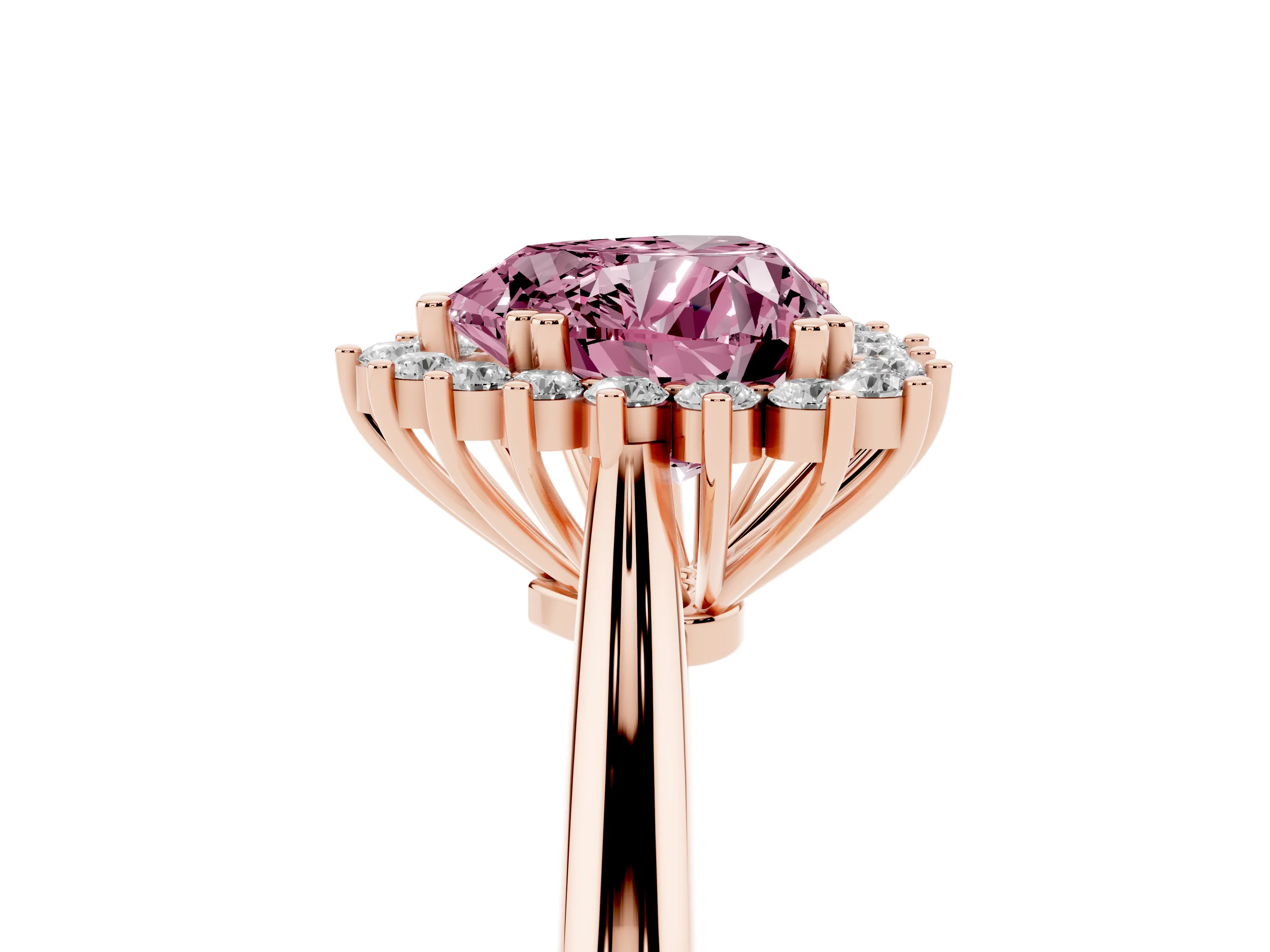 Fancy Pink Heart Cut Diamond Halo Ring Set in Rose gold with Plain Solitaire Band and Prong Setting