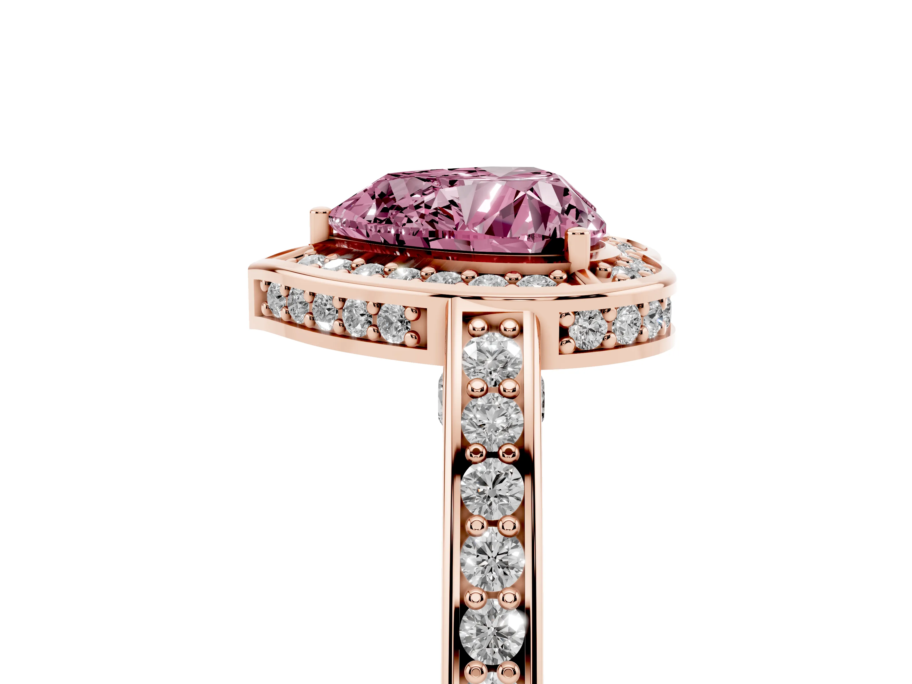 Fancy Pink Heart Cut Diamond Halo Pavé Split Shank Ring Set in Rose gold with Prong Setting